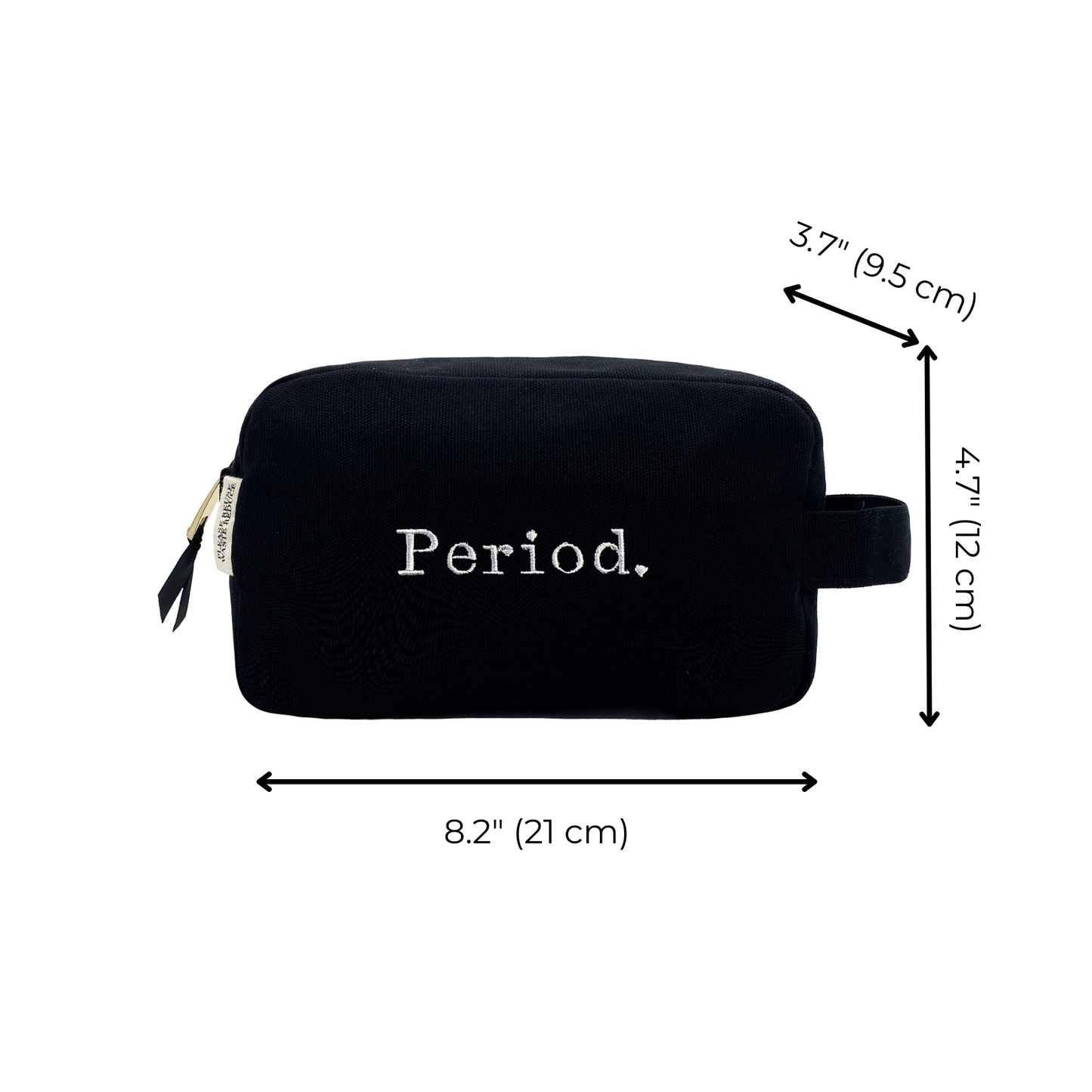 Black Bag-all sanitary pouch with white "Period." text and size dimensions on white background