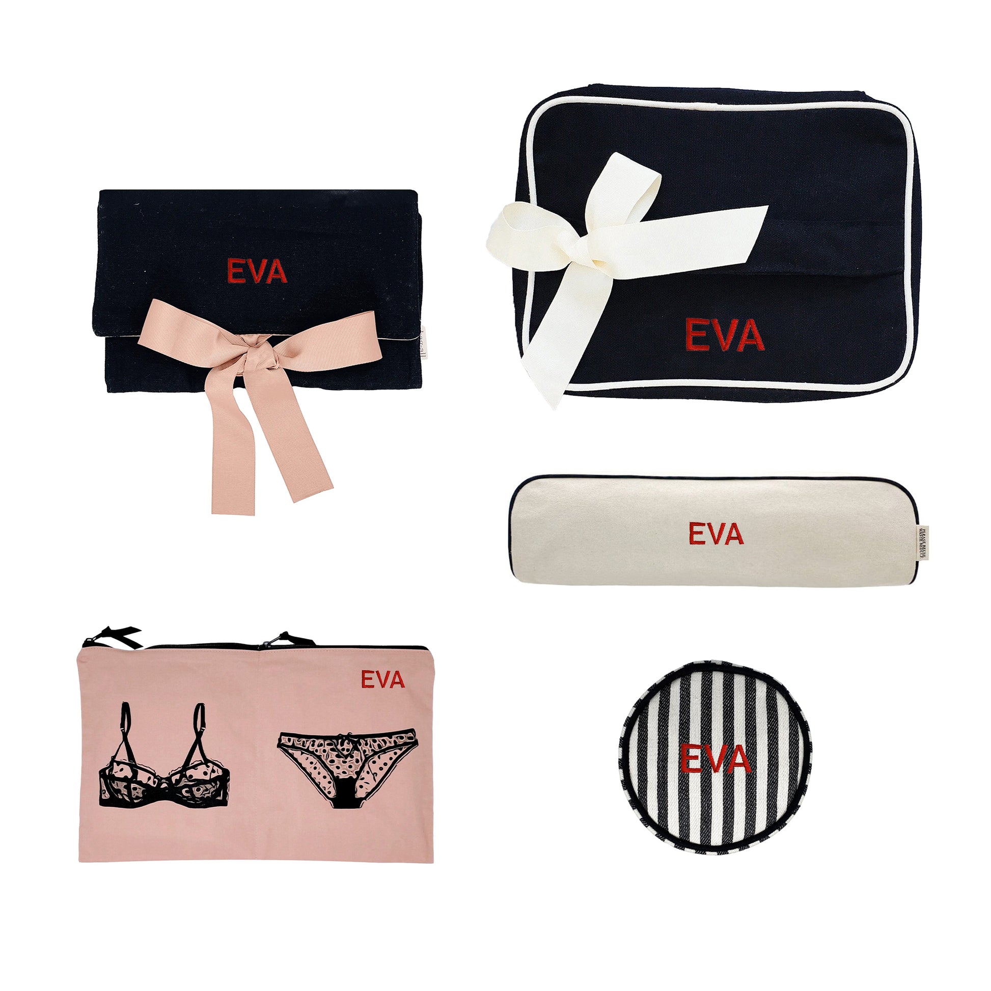 Bag-all Spoil Her Gift Bundle Deal 5-set featuring elegant organizing bags in black, pink and white with bows, lingerie illustrations and personalized EVA monogram for stylish storage and travel