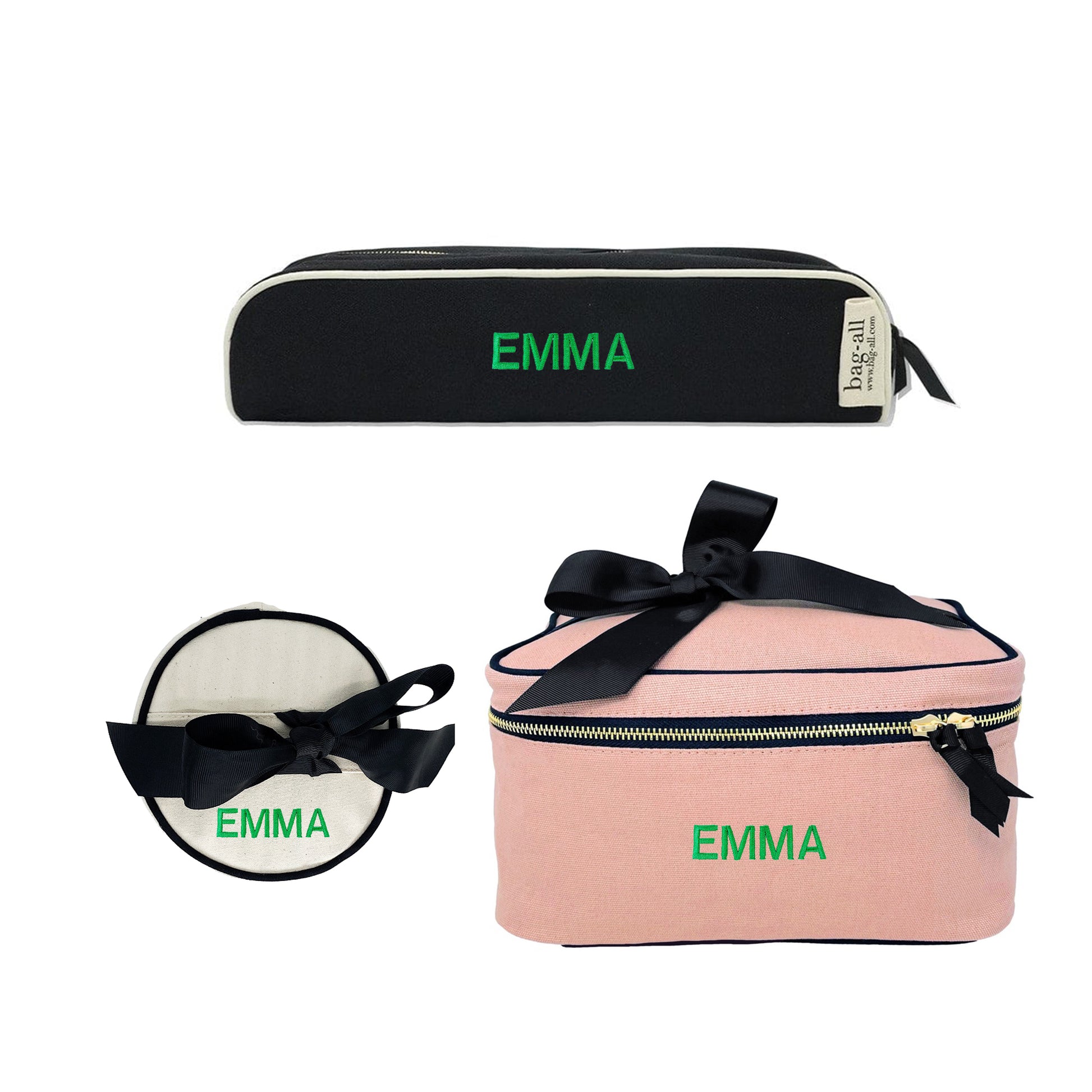 Bag-all Hair & Makeup Gift Bundle 3-set featuring black pencil case, white round case, and pink travel case with elegant black bow accents and personalized embroidery, perfect for beauty organization