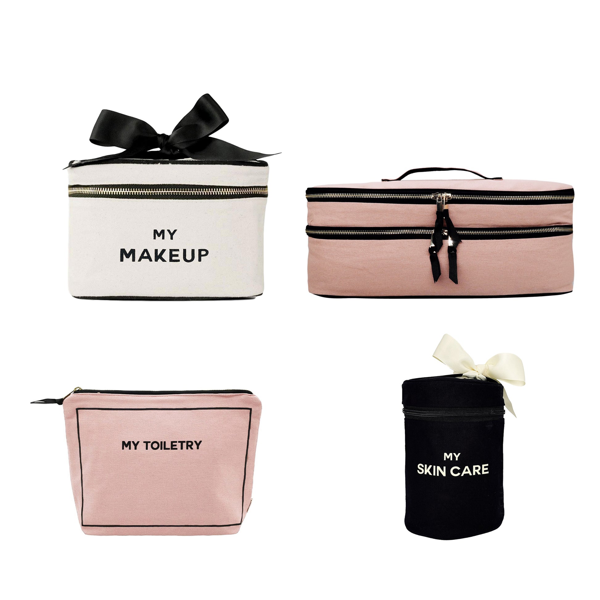Bag-all Gift Set for the Beauty Lover 4-piece collection featuring pink and white organizer bags for makeup, toiletry, and skincare with elegant black text and ribbon accents, perfect for beauty storage and travel organization