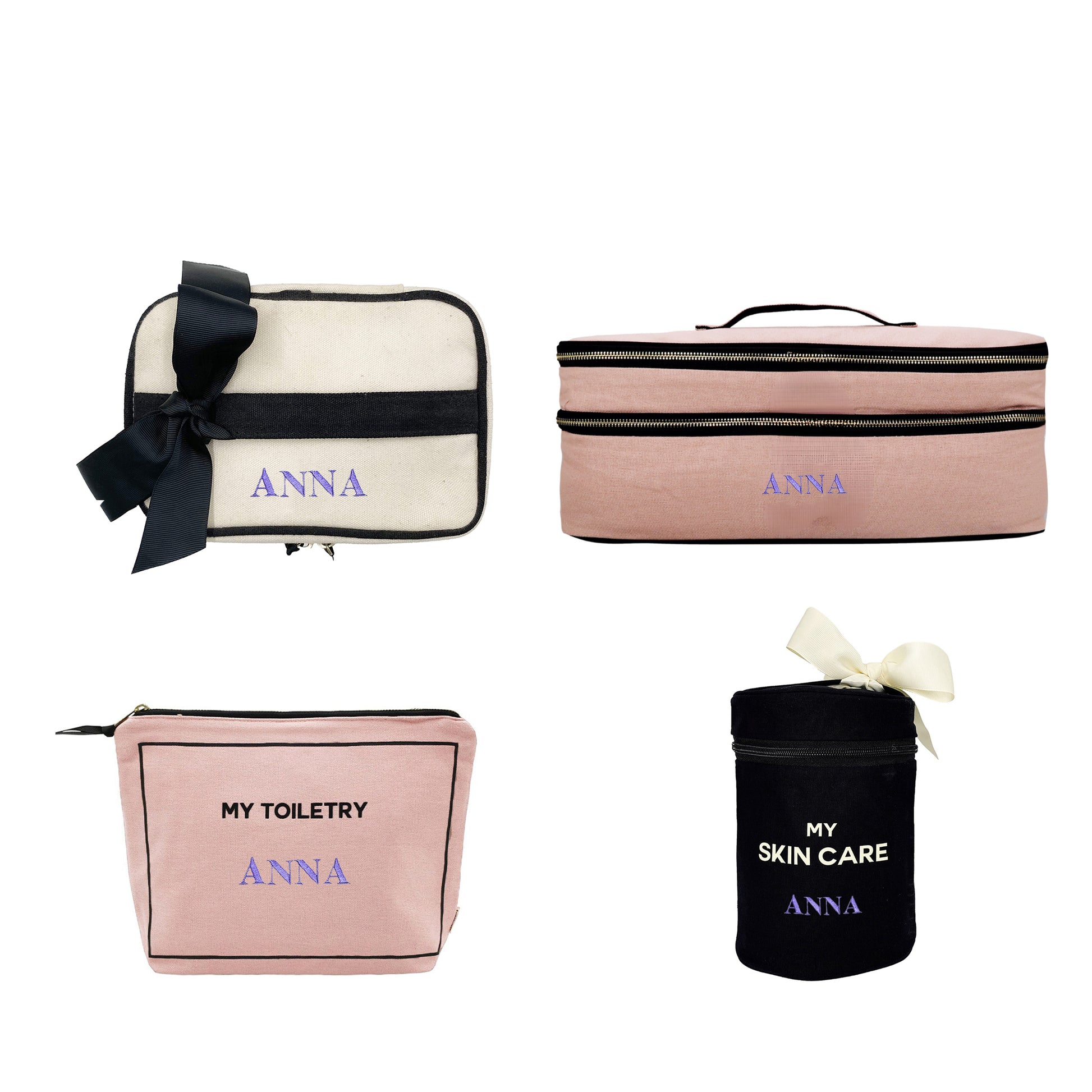 Bag-all Gift Set for the Beauty Lover 4-piece collection featuring blush pink and cream organizer bags with black trim, personalized with 'Anna' text, includes toiletry case, skincare holder, and travel pouches