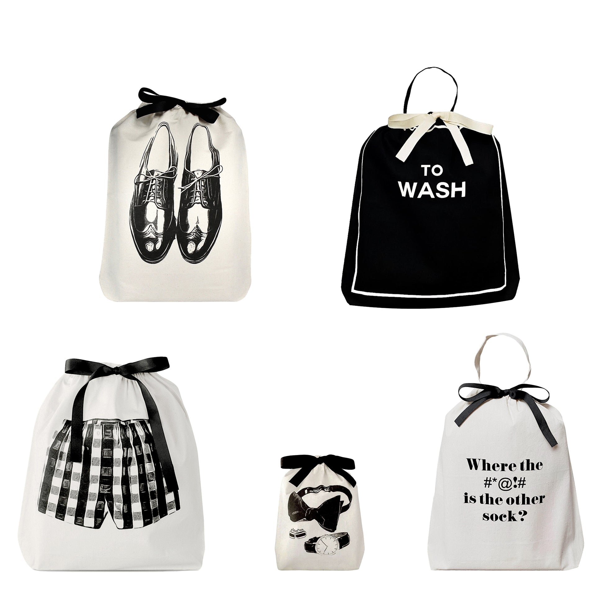 Bag-all Travel Light 5-pack for Him - Stylish cotton organizing bags featuring shoe, laundry, underwear, sock, and missing sock designs in classic black and white with bow accents