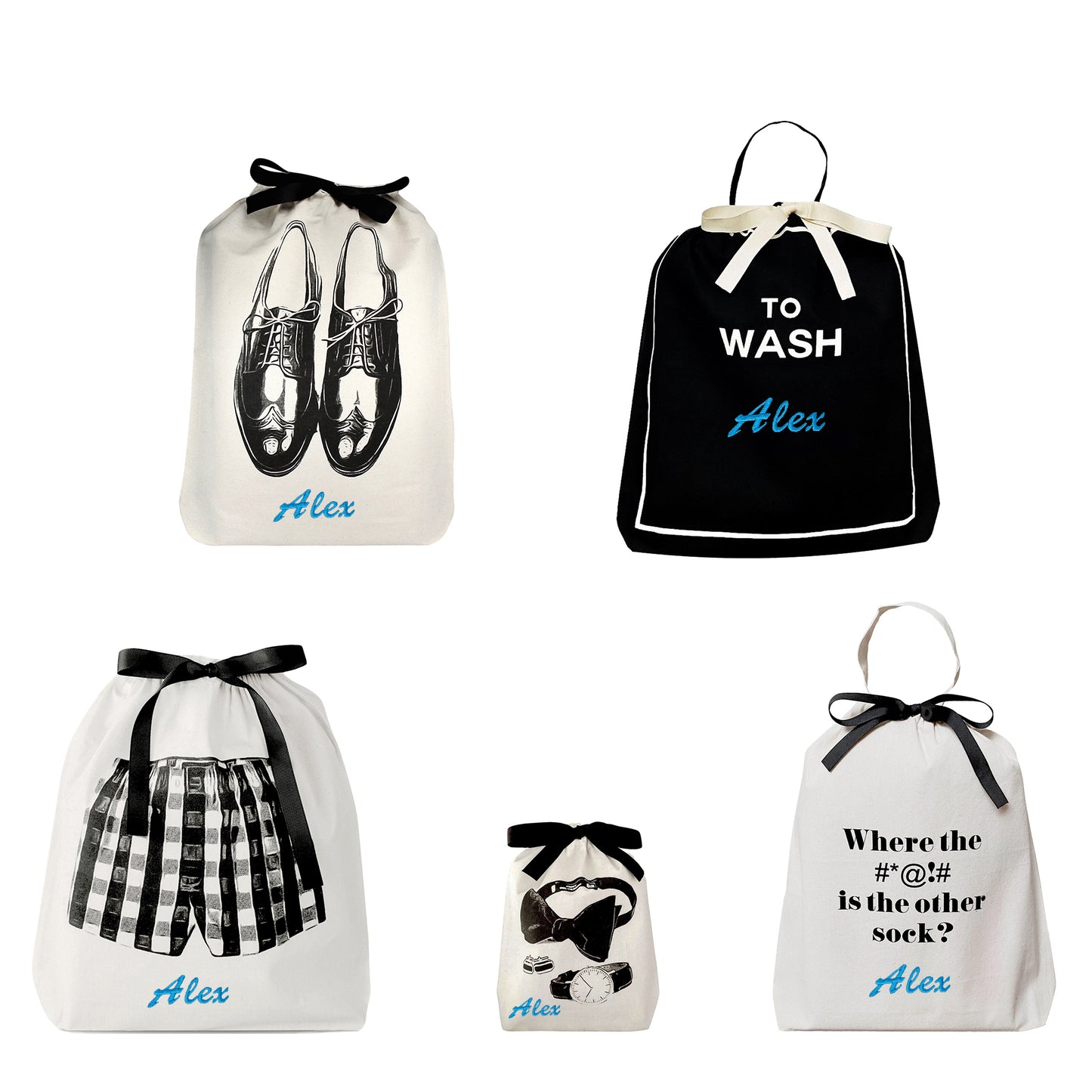 Bag-all Travel Light 5-pack for Him featuring personalized cotton bags for shoes, laundry, shorts, socks, plus humorous missing sock bag in black and white design with Alex monogram