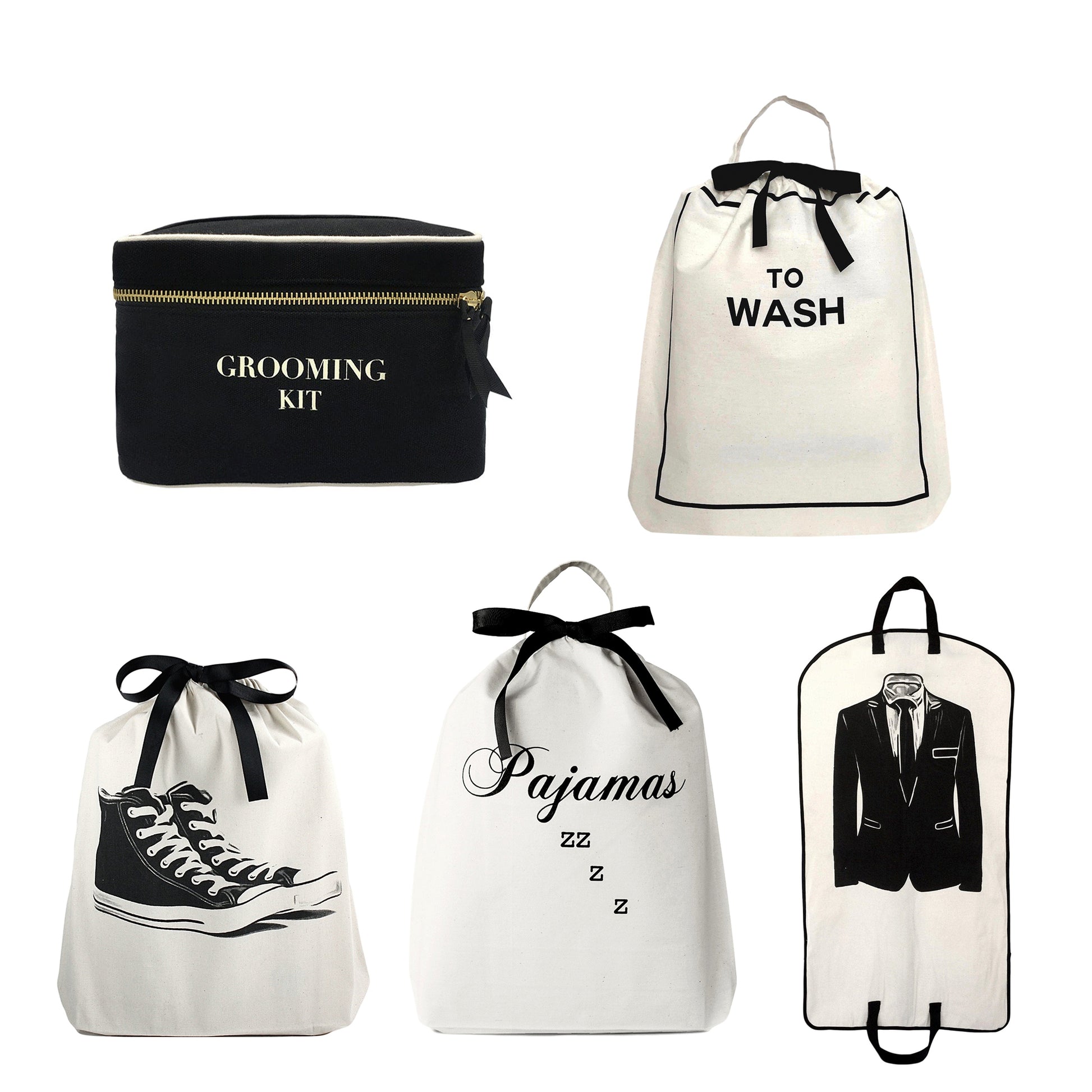 Bag-all Carry All Combo for Him: Stylish organizing set featuring grooming kit, wash bag, shoe bag, pajama bag, and suit carrier in classic black and white design