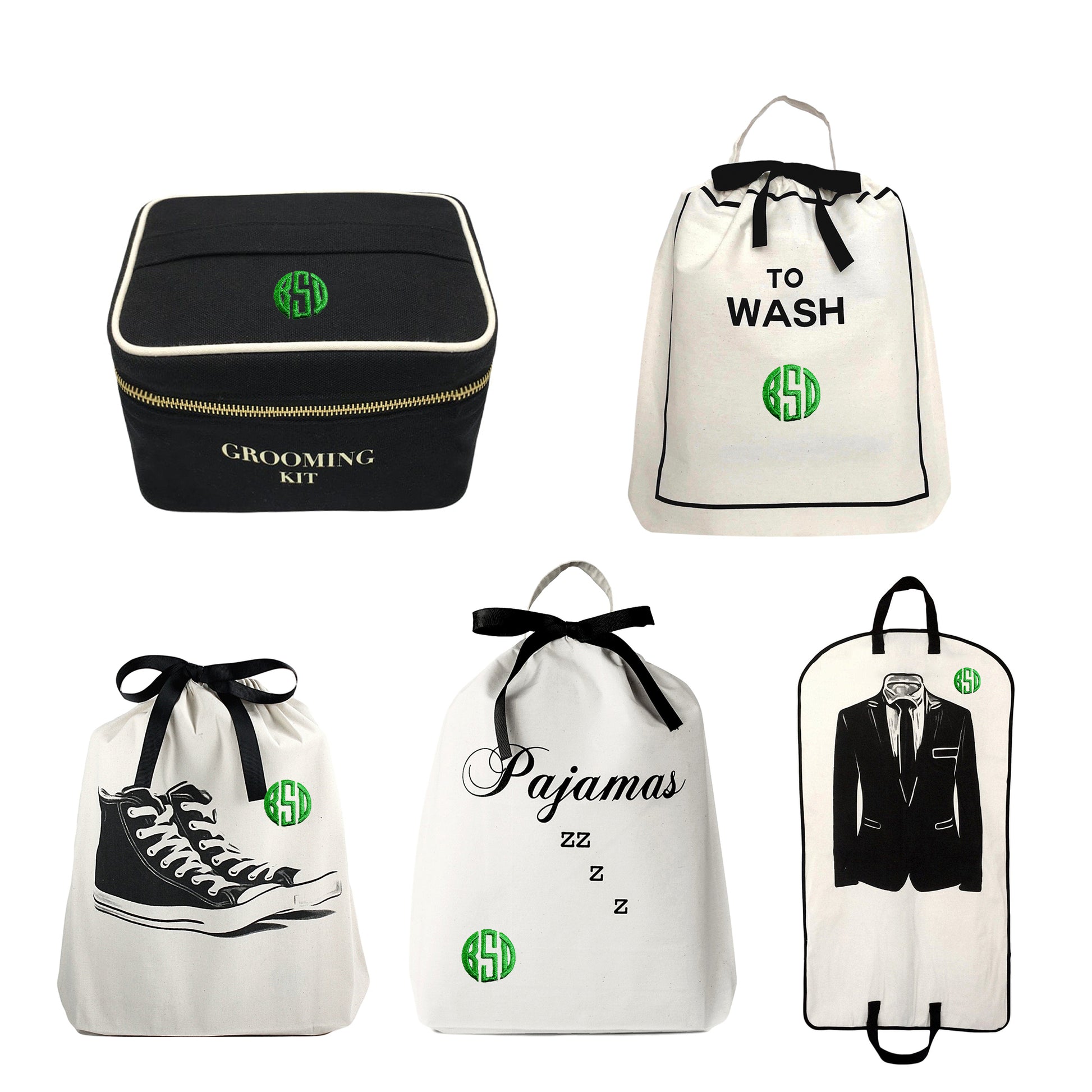 Bag-all Carry All Combo for Him featuring grooming kit, wash bag, sneaker bag, pajama bag, and suit carrier with monogram detail. Stylish black and white organizing essentials for travel and storage.