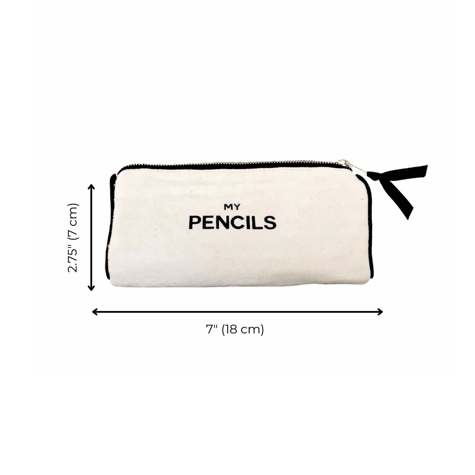 Bag-all Cream Pencil Case with 'My Pencils' text, waterproof canvas organizer featuring black zipper and measurements of 7x2.75 inches, perfect for school supplies