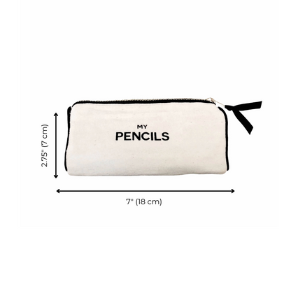 Bag-all Cream Pencil Case with 'My Pencils' text, waterproof canvas organizer featuring black zipper and measurements of 7x2.75 inches, perfect for school supplies