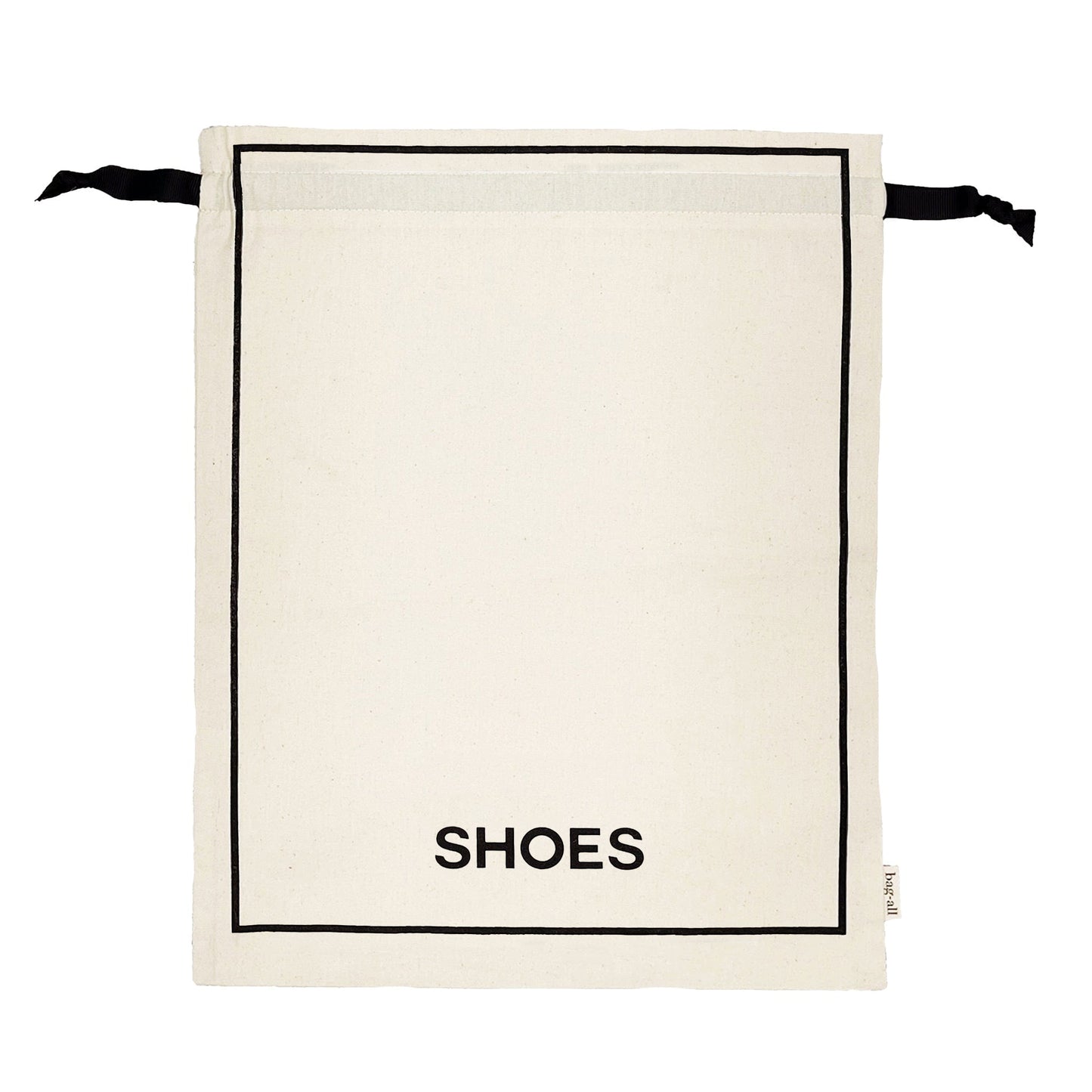 Bag-all Couture Shoe Travel Bag in cream canvas with black border trim and SHOES text print, featuring drawstring closure and eco-friendly water-based ink