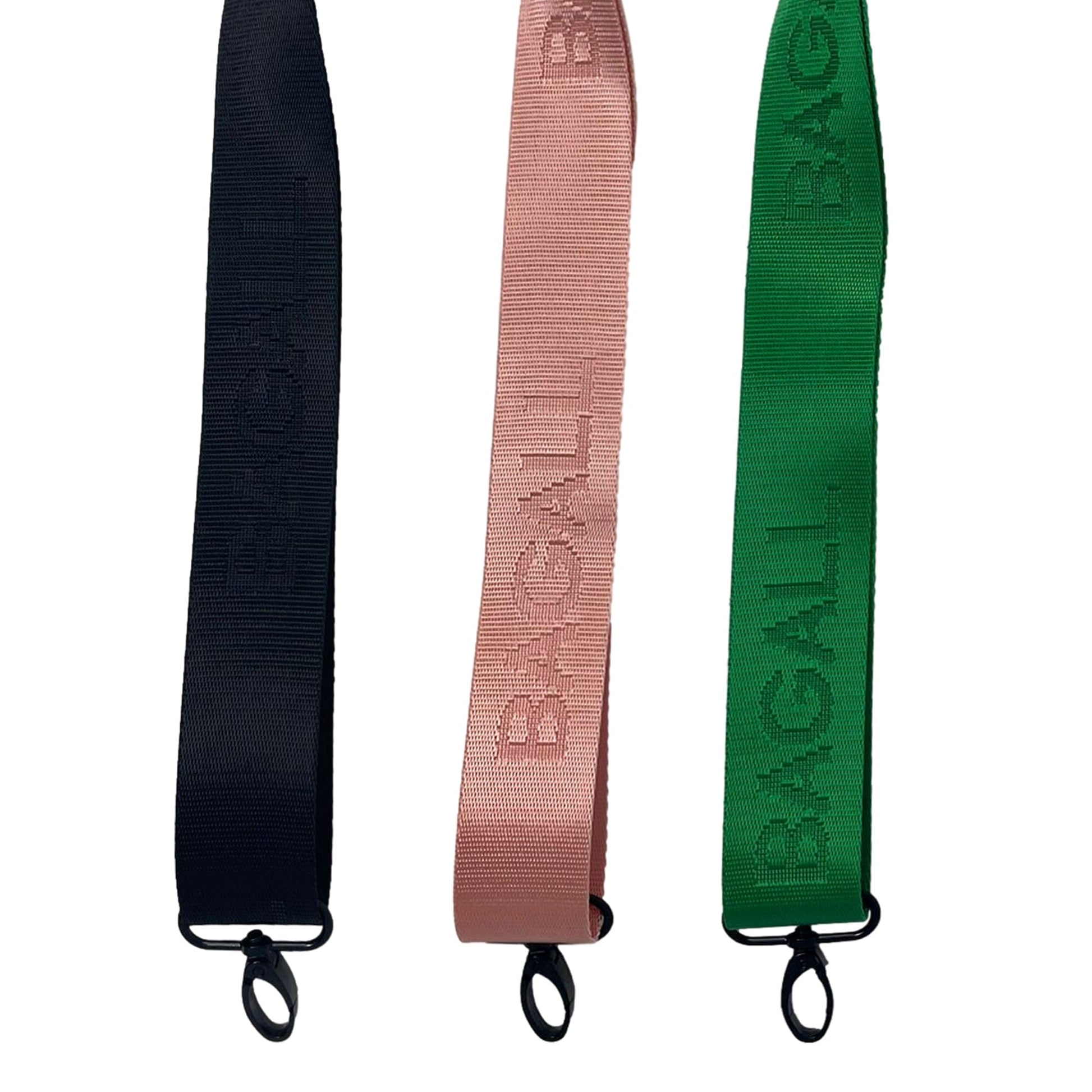 Bag-all Strap in classic black, dusty pink, and emerald green with branded text pattern and durable metal clasps - stylish accessory for City Backpack customization