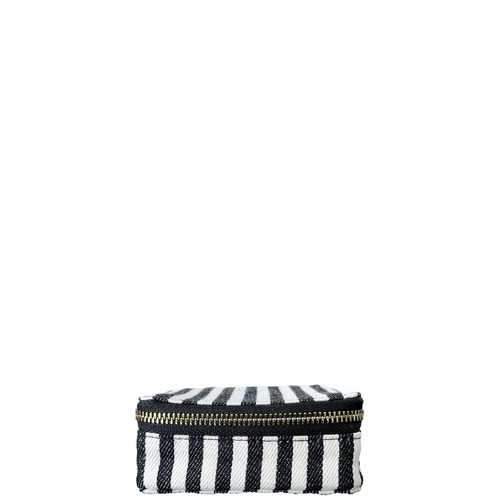 Bag-all Striped Jewelry Box with gold zipper - compact travel organizer for trinkets and accessories in black and white stripes pattern