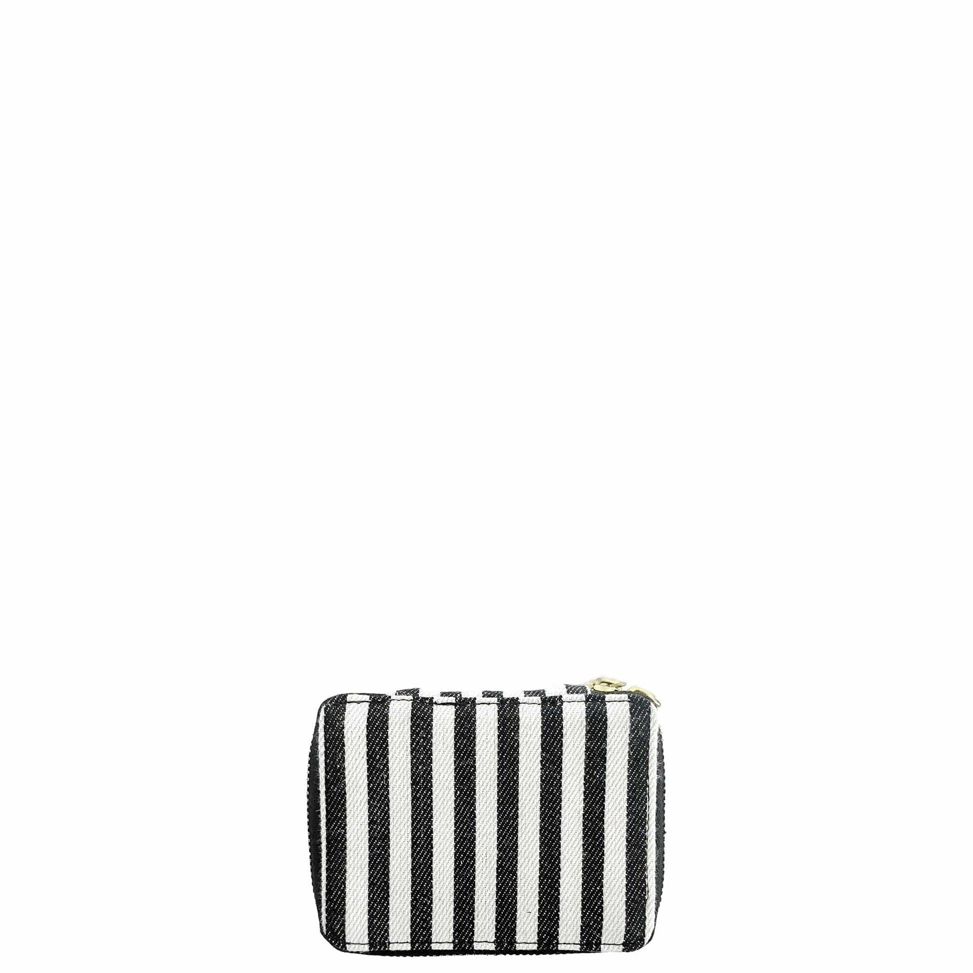 Bag-all Striped Jewelry Box featuring black and white stripes, gold zipper closure, compact size for travel and organization, perfect for storing small accessories