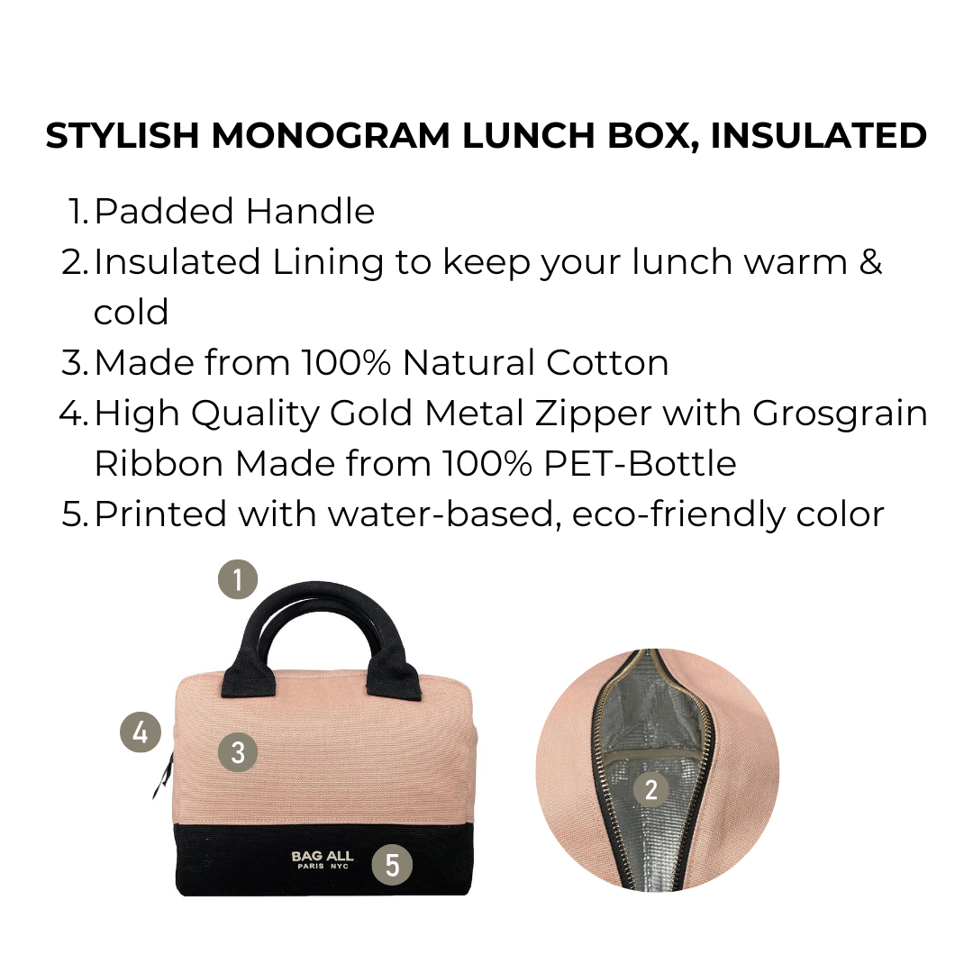 Bag-all Stylish Monogram Lunch Box in pink/blush with insulated lining, padded handle, eco-friendly cotton construction, and gold metal zipper detail - perfect for temperature-controlled meal storage