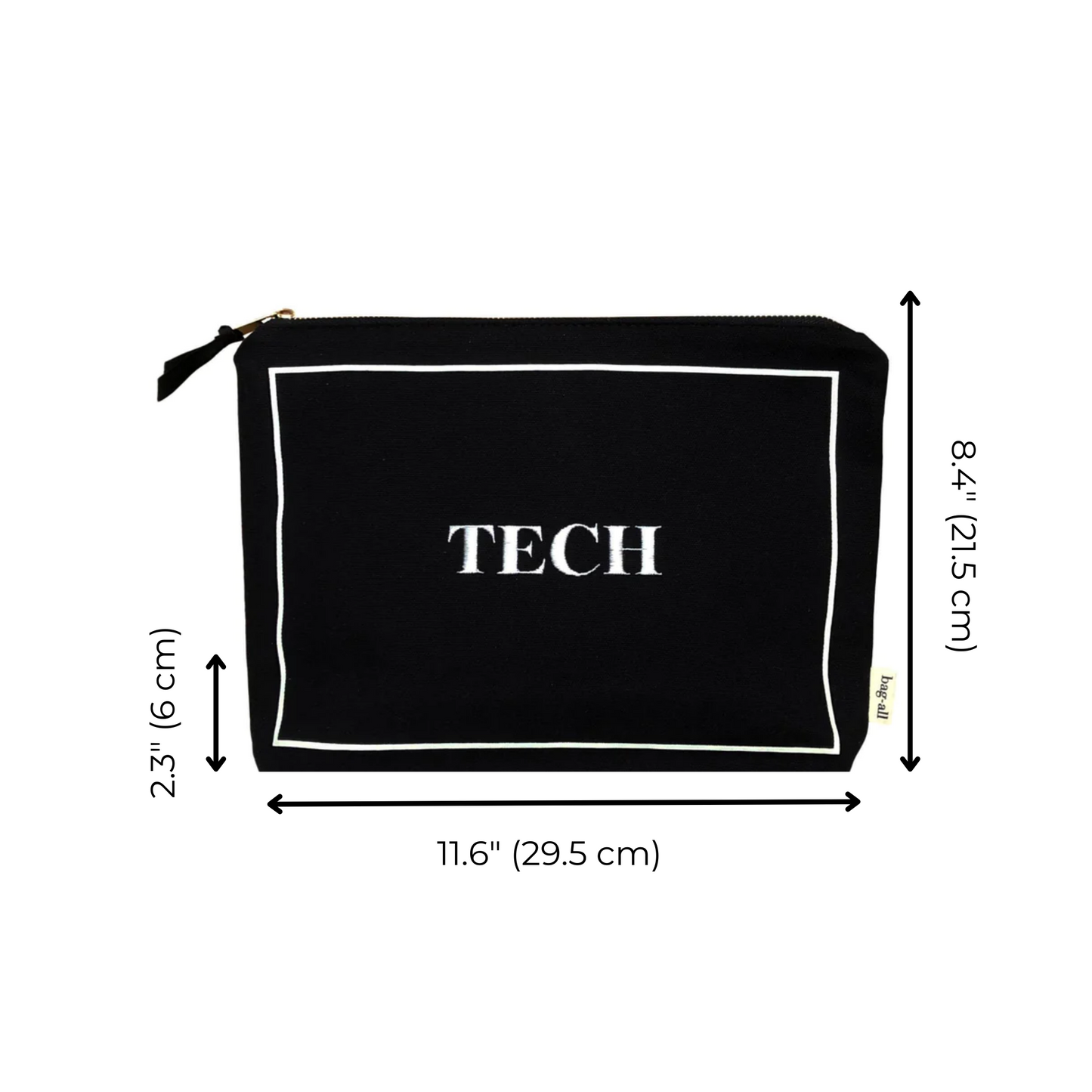 Bag-all Black Tech Pouch with white border design - Stylish organizer case for gadgets and chargers, featuring laminated interior and zip closure, measuring 11.6 x 8.4 inches