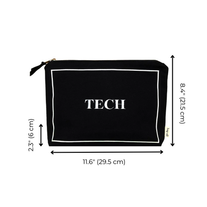 Bag-all Black Tech Pouch with white border design - Stylish organizer case for gadgets and chargers, featuring laminated interior and zip closure, measuring 11.6 x 8.4 inches