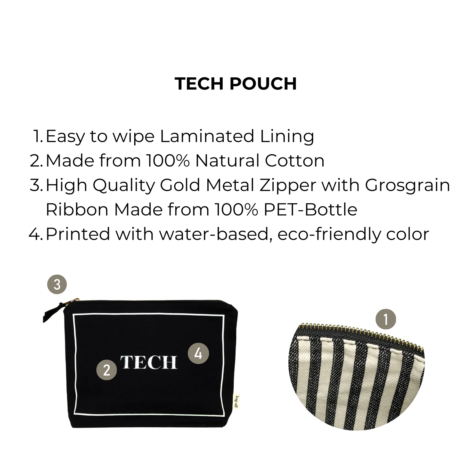 Bag-all Tech Pouch in Black with laminated interior, natural cotton construction, gold zipper and eco-friendly design - perfect organizer for gadgets and chargers while traveling or at home