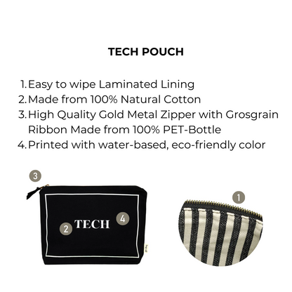 Bag-all Tech Pouch in Black with laminated interior, natural cotton construction, gold zipper and eco-friendly design - perfect organizer for gadgets and chargers while traveling or at home