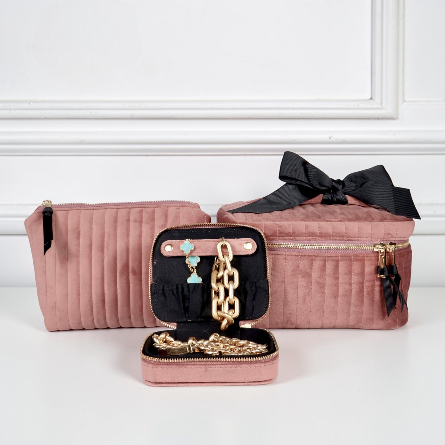 Pink eco-velvet Bag-all 3-pack jewelry and makeup gift set with black ribbon detail gallery position one