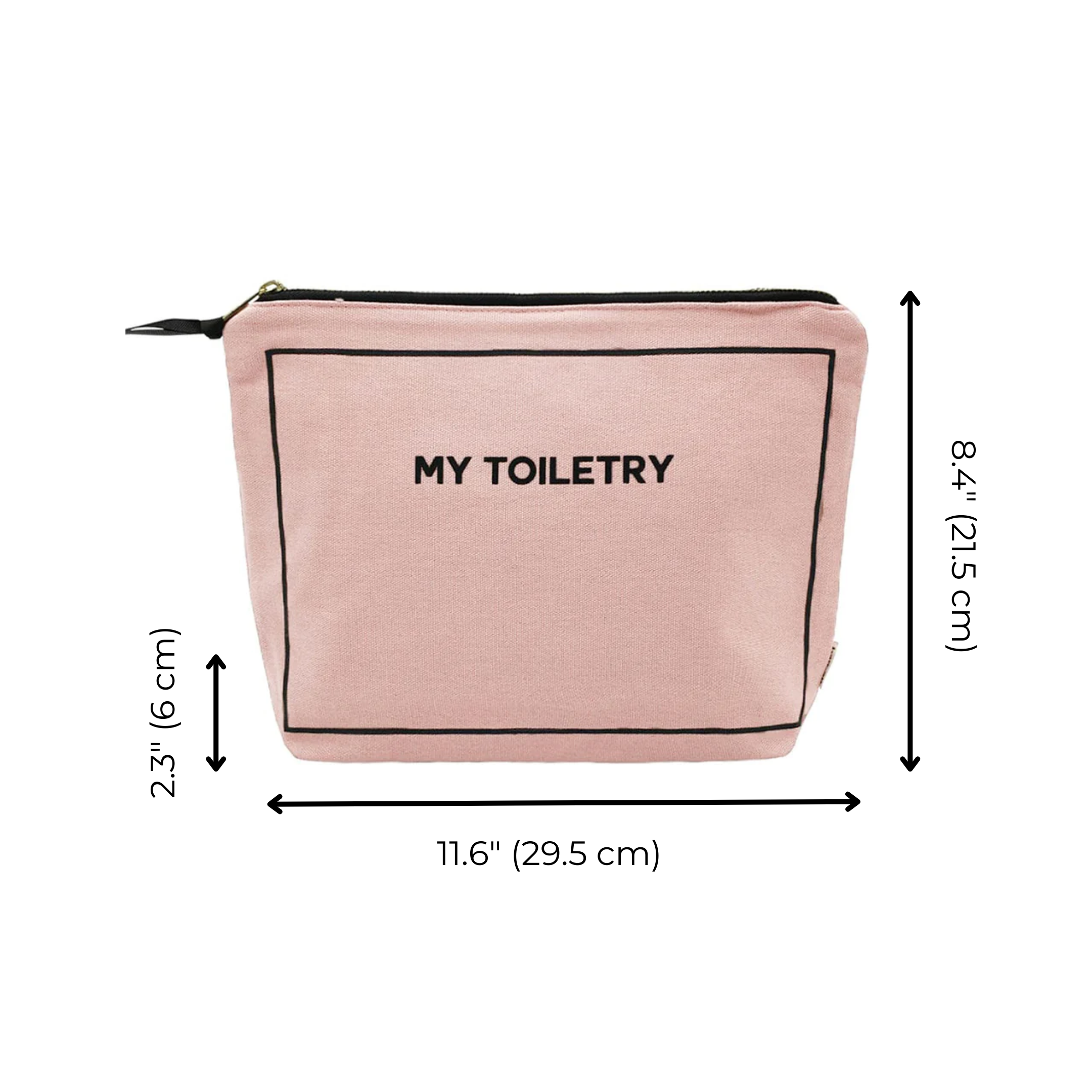 Bag-all Toiletry Pouch with Coated Lining in blush pink, featuring waterproof interior, metal zipper, and 'My Toiletry' text. Perfect travel organizer measuring 11.6 x 8.4 inches