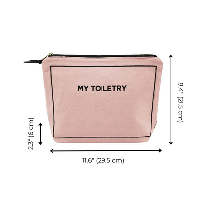 Bag-all Toiletry Pouch with Coated Lining in blush pink, featuring waterproof interior, metal zipper, and 'My Toiletry' text. Perfect travel organizer measuring 11.6 x 8.4 inches