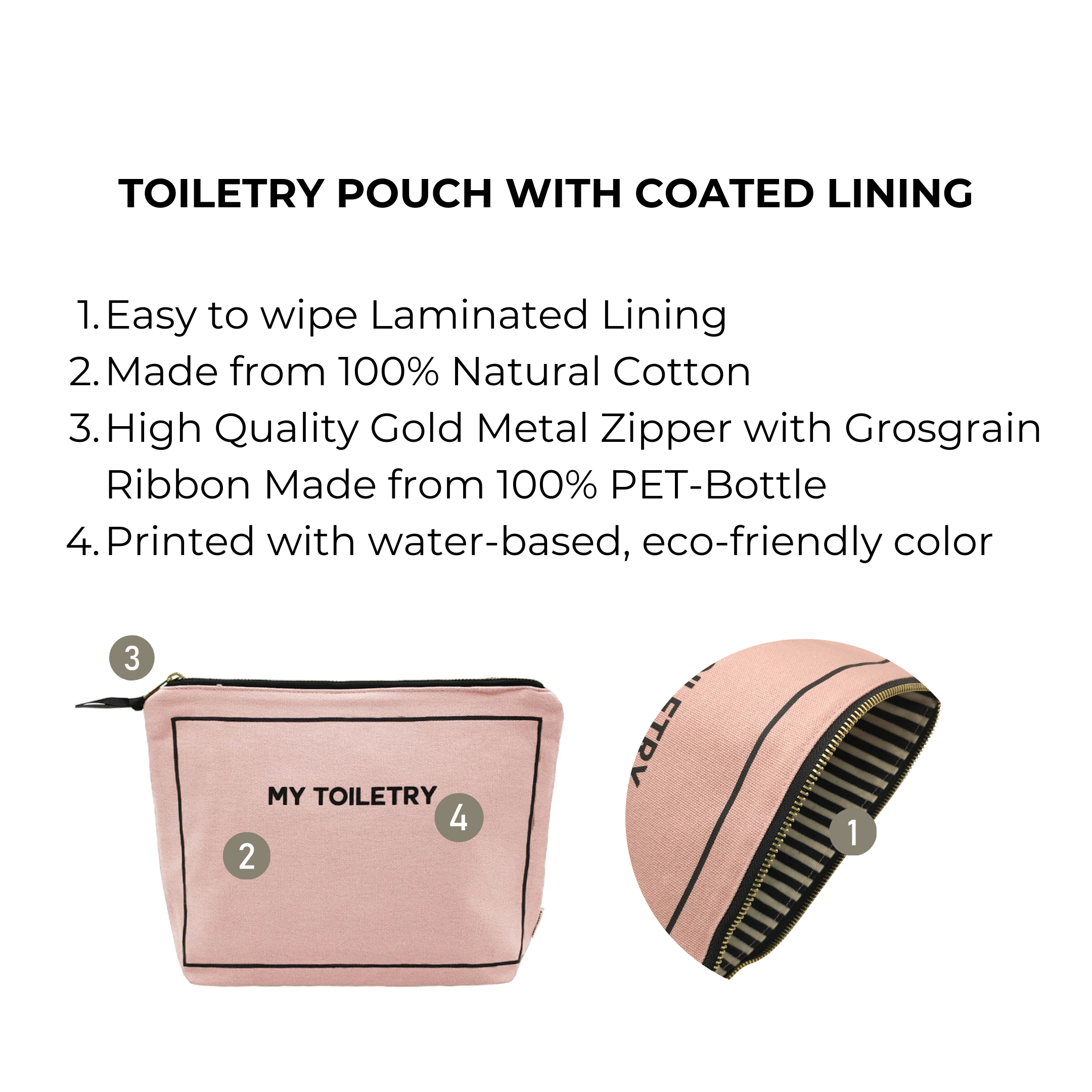 Bag-all Pink Toiletry Pouch with coated lining featuring waterproof interior, natural cotton exterior, gold metal zipper. Perfect travel organizer in stylish blush pink with eco-friendly construction.