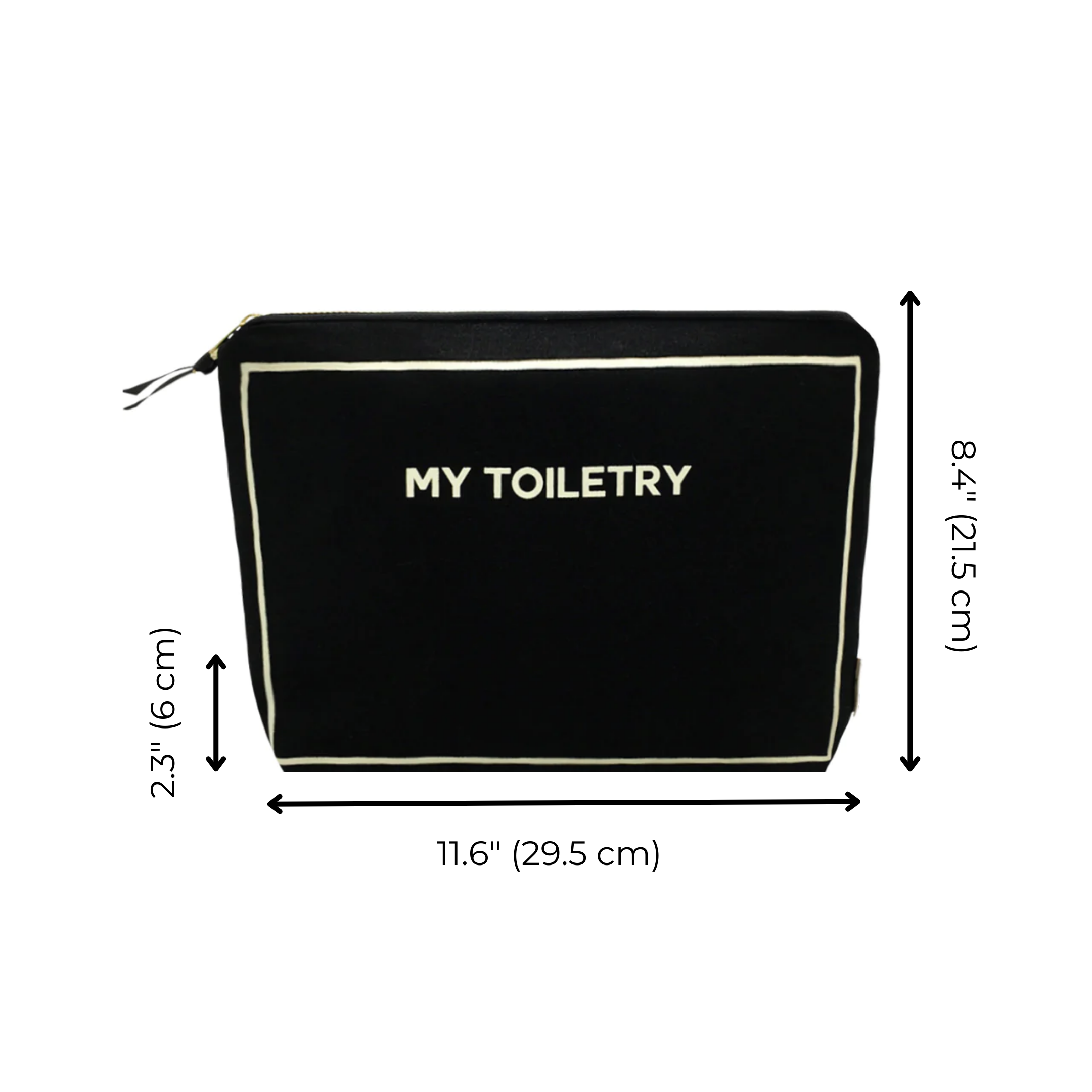 Bag-all black cotton Toiletry Pouch with Coated Lining featuring waterproof interior, metal zipper, measuring 11.6x8.4 inches, perfect for travel and home organization