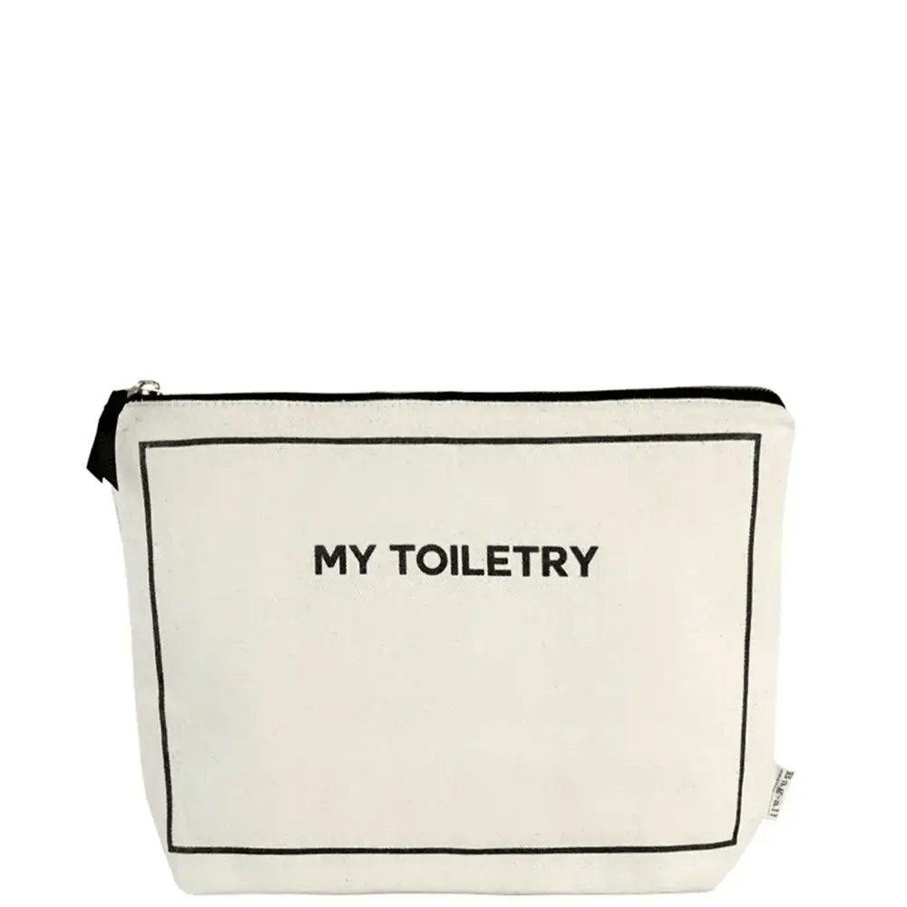 Bag-all cream cotton Toiletry Pouch with coated leak-proof lining featuring "MY TOILETRY" text in black, perfect for organized travel and bathroom storage