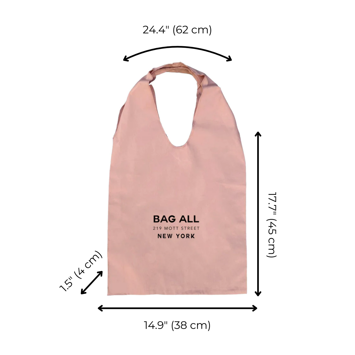 Bag-all New York Tote Bag Large in soft pink cotton canvas, featuring dimensions 62x45x38cm, with minimalist design and brand logo centered on front