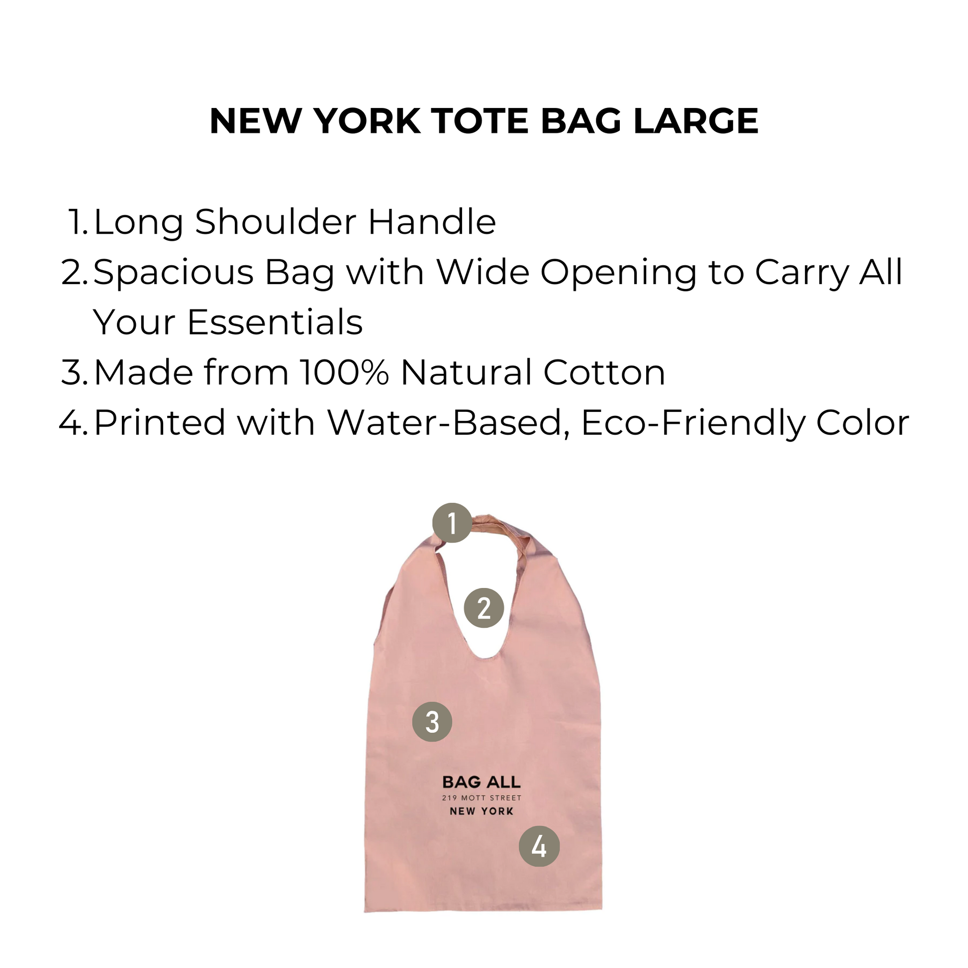 Bag-all New York Tote Bag Large in blush pink cotton canvas with spacious design, long shoulder strap, eco-friendly dye, perfect for sustainable everyday essentials carrying