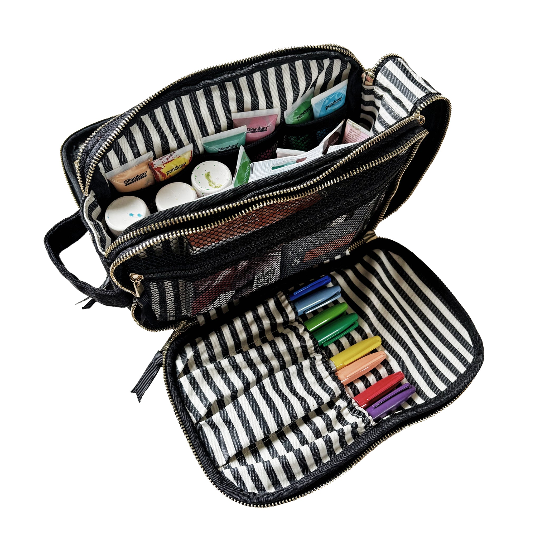 Bag-all Triple Travel & Hobby Organizer in black with striped lining and compartments for pens and skincare essentials