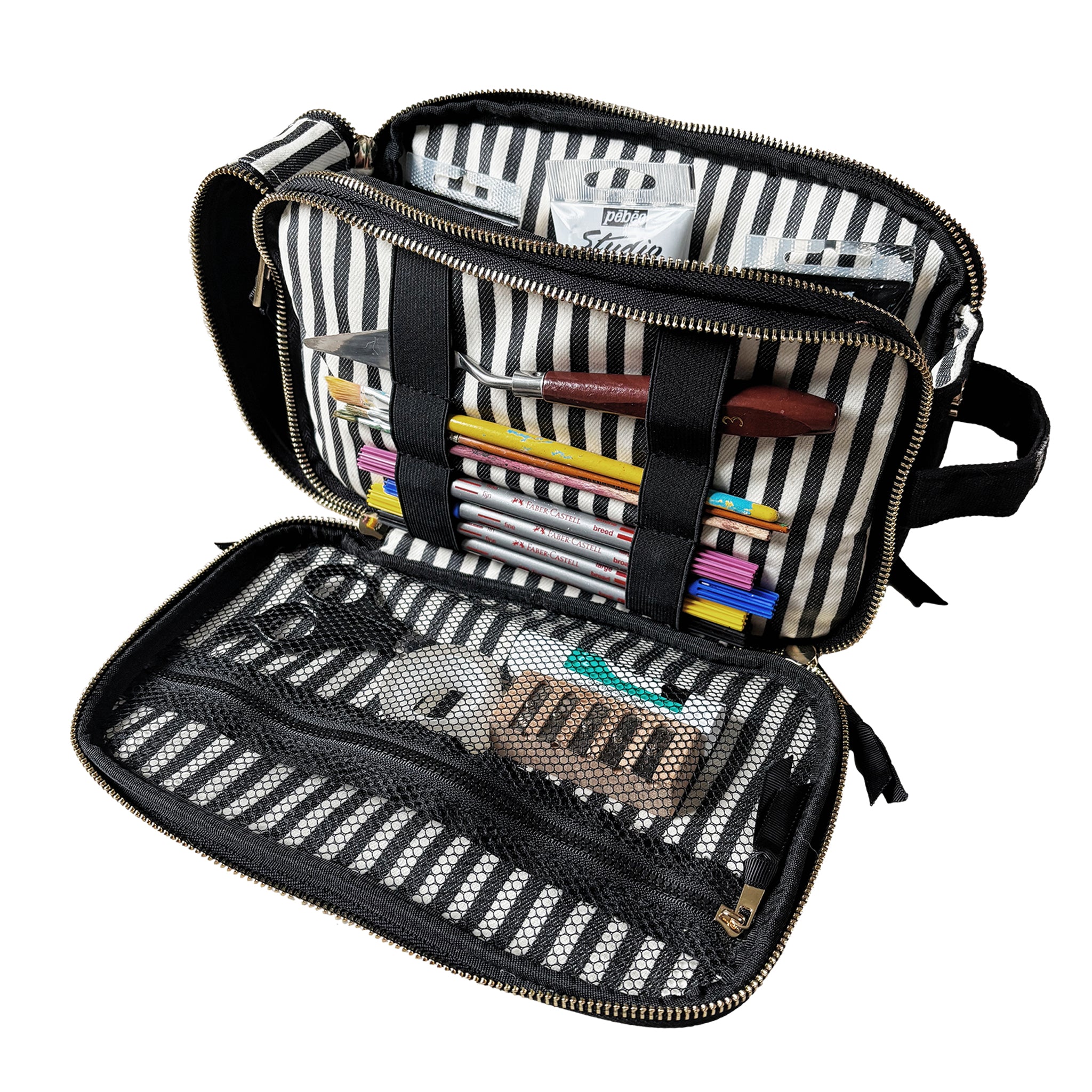 Bag-all triple travel organizer open showing striped lining, elastic pen holders, mesh pockets, and gold zipper pulls