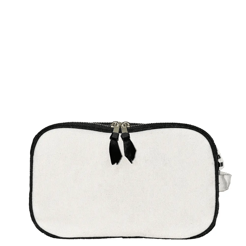 Bag-all Triple Beauty & Toiletry Organizer in cream with gold zippers and black trim for stylish, eco-friendly storage.