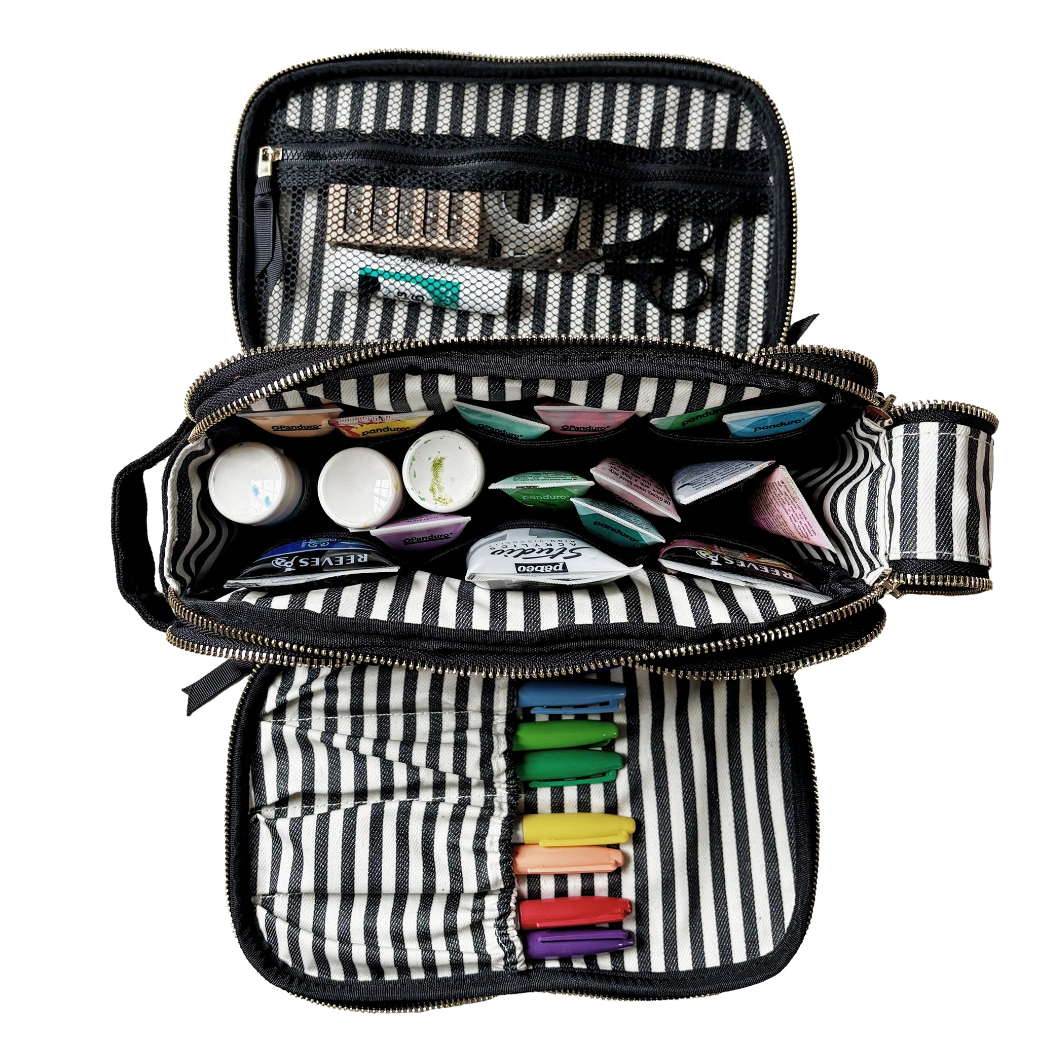 Bag-all Triple Travel & Hobby Organizer in cream with striped lining, multiple compartments, eco-friendly zipper pulls, compact design