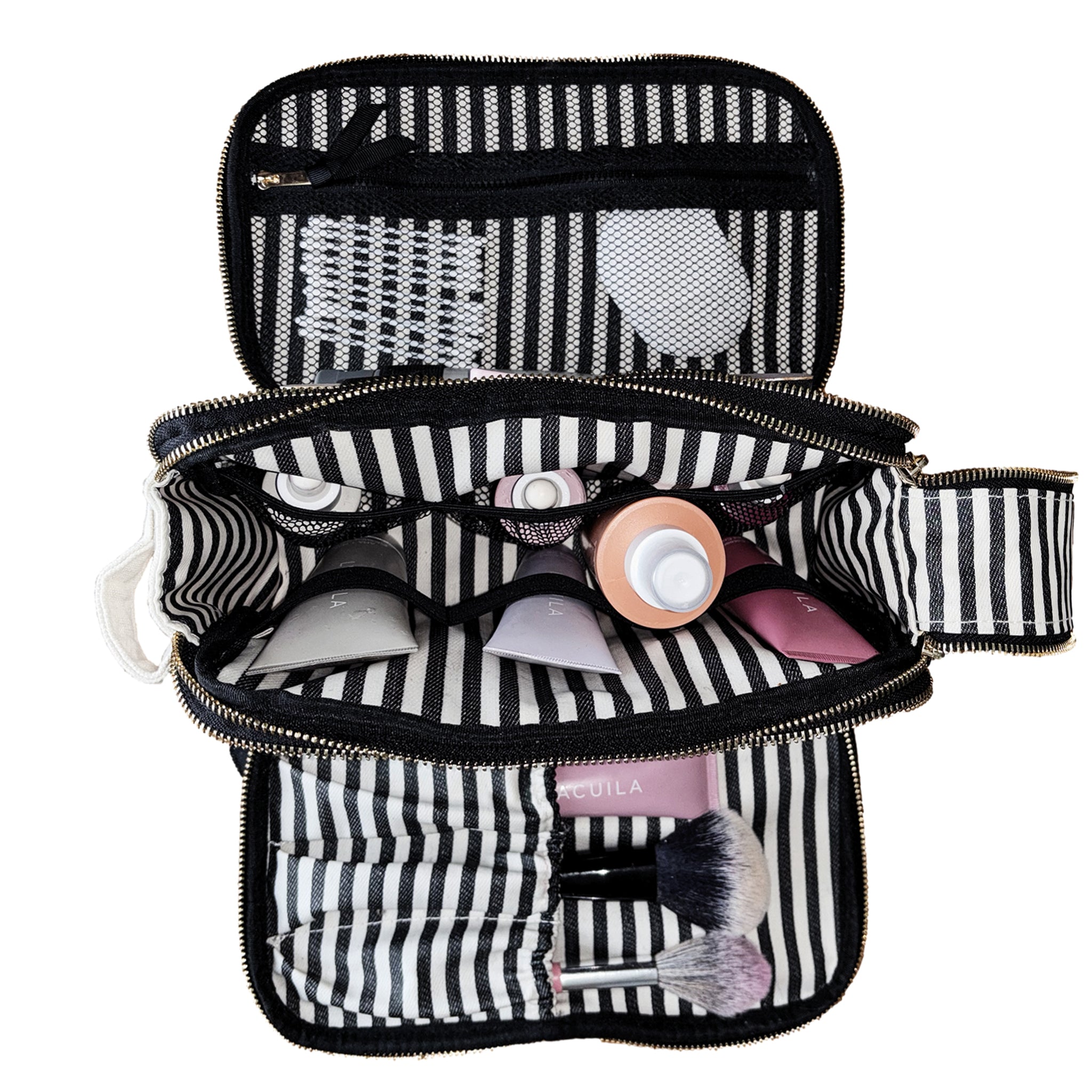 Bag-all Triple Beauty Organizer with striped lining, gold zippers, and compartments for brushes and skincare essentials.