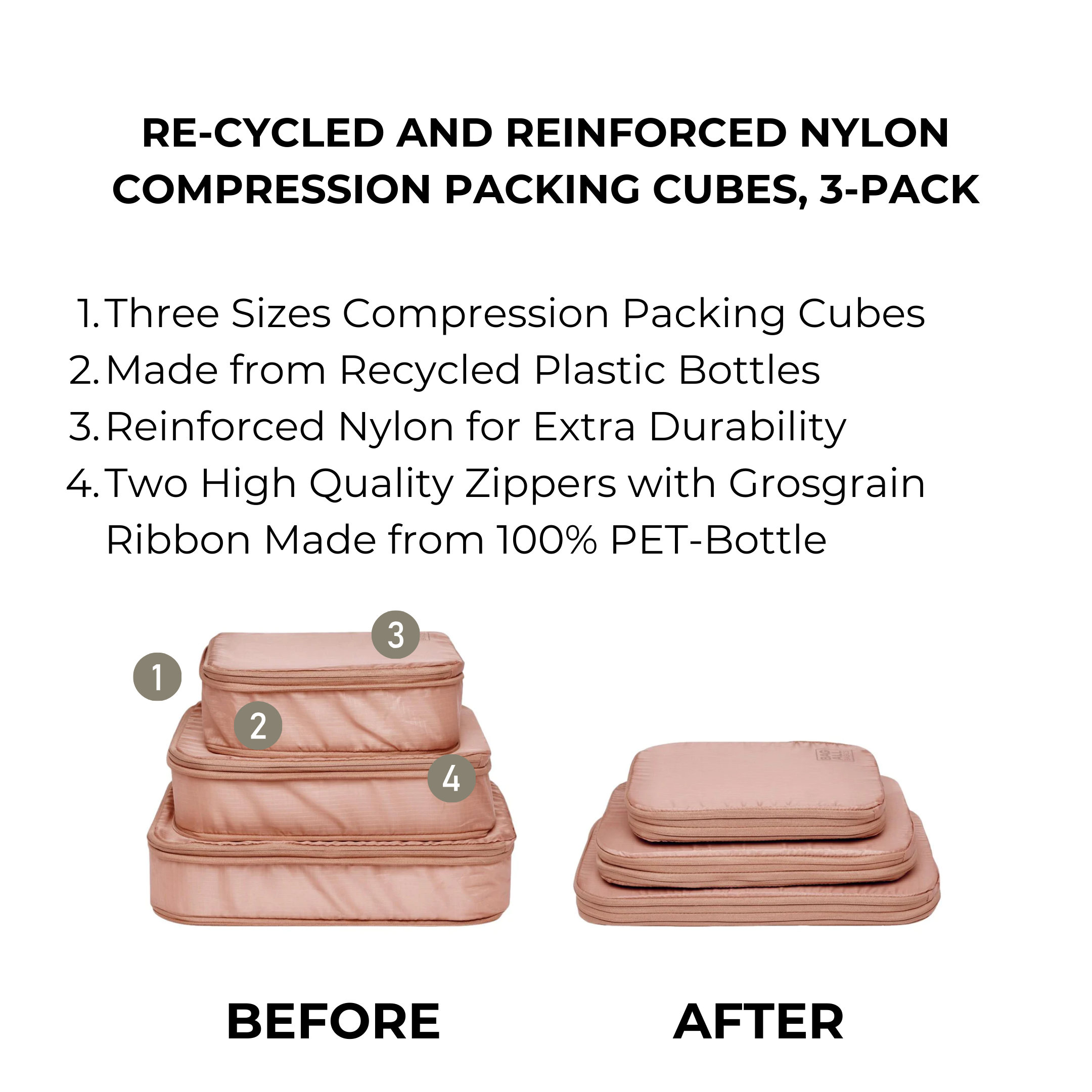 Bag-all Pink Recycled Nylon Compression Packing Cubes shown in 3 sizes, demonstrating before and after compression comparison. PET-bottle zippers and eco-friendly design maximize luggage space.