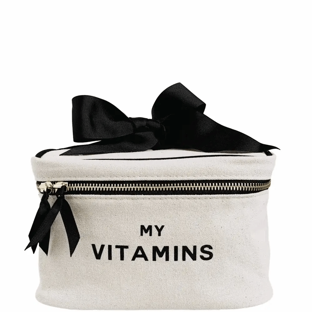Vitamins Storage and Travel Box – Cream, Bag-all travel organizer with black bow and zipper for frequent travelers