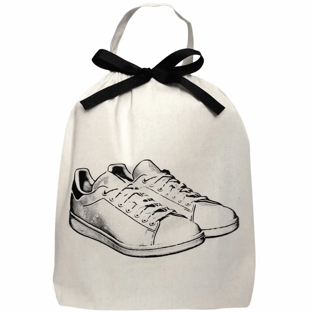 White Sneaker Shoe Bag – Cream, Bag-all cotton travel bag with black drawstring and sneaker illustration for organization
