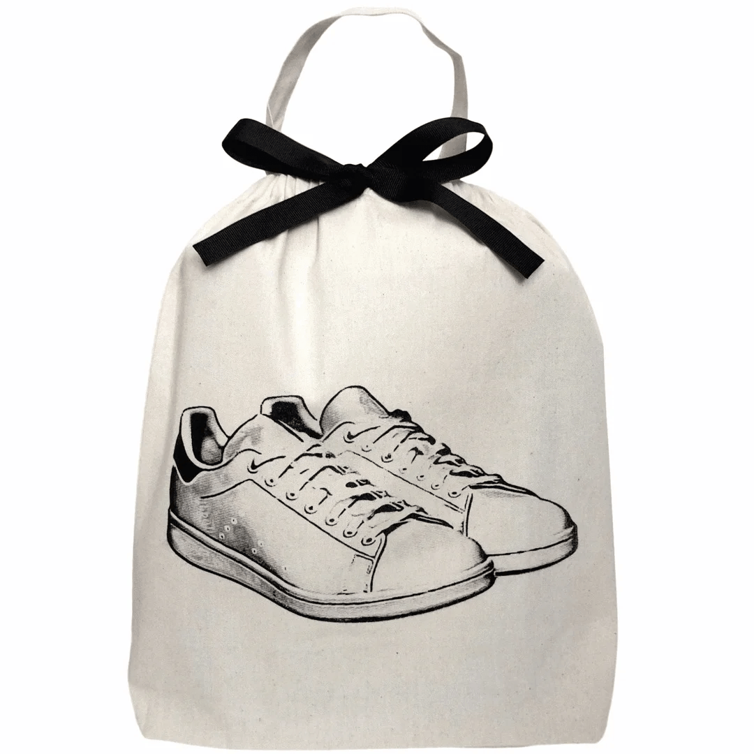 White Sneaker Shoe Bag – Cream, Bag-all cotton travel bag with black drawstring and sneaker illustration for organization