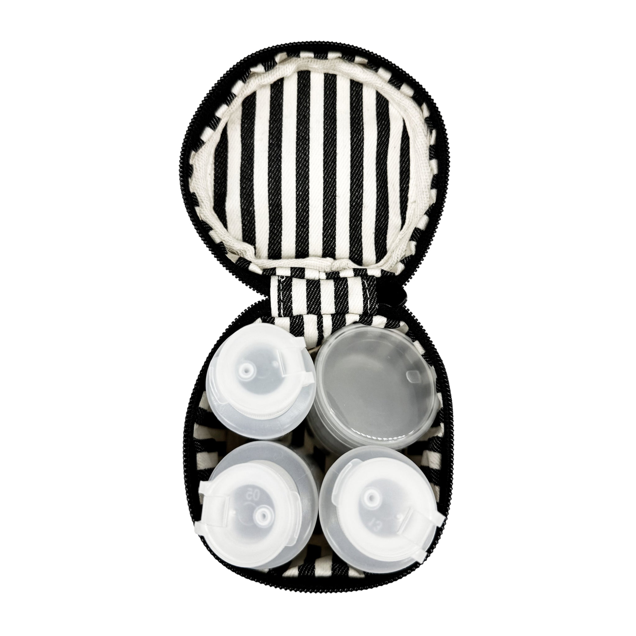 Bag-all Carry On Liquids Case open with refillable bottles inside, compact and TSA compliant travel accessory
