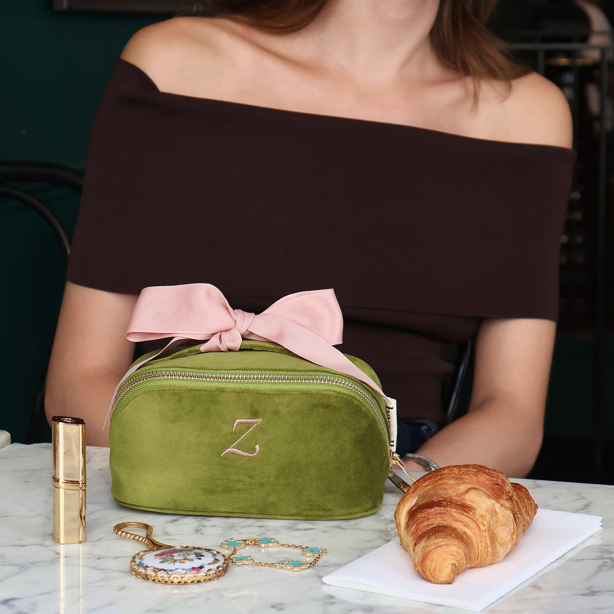 Bag-all Petite Accordion Makeup Case – Eco Velvet – Matcha Green in velvet with pink bow for travel organization