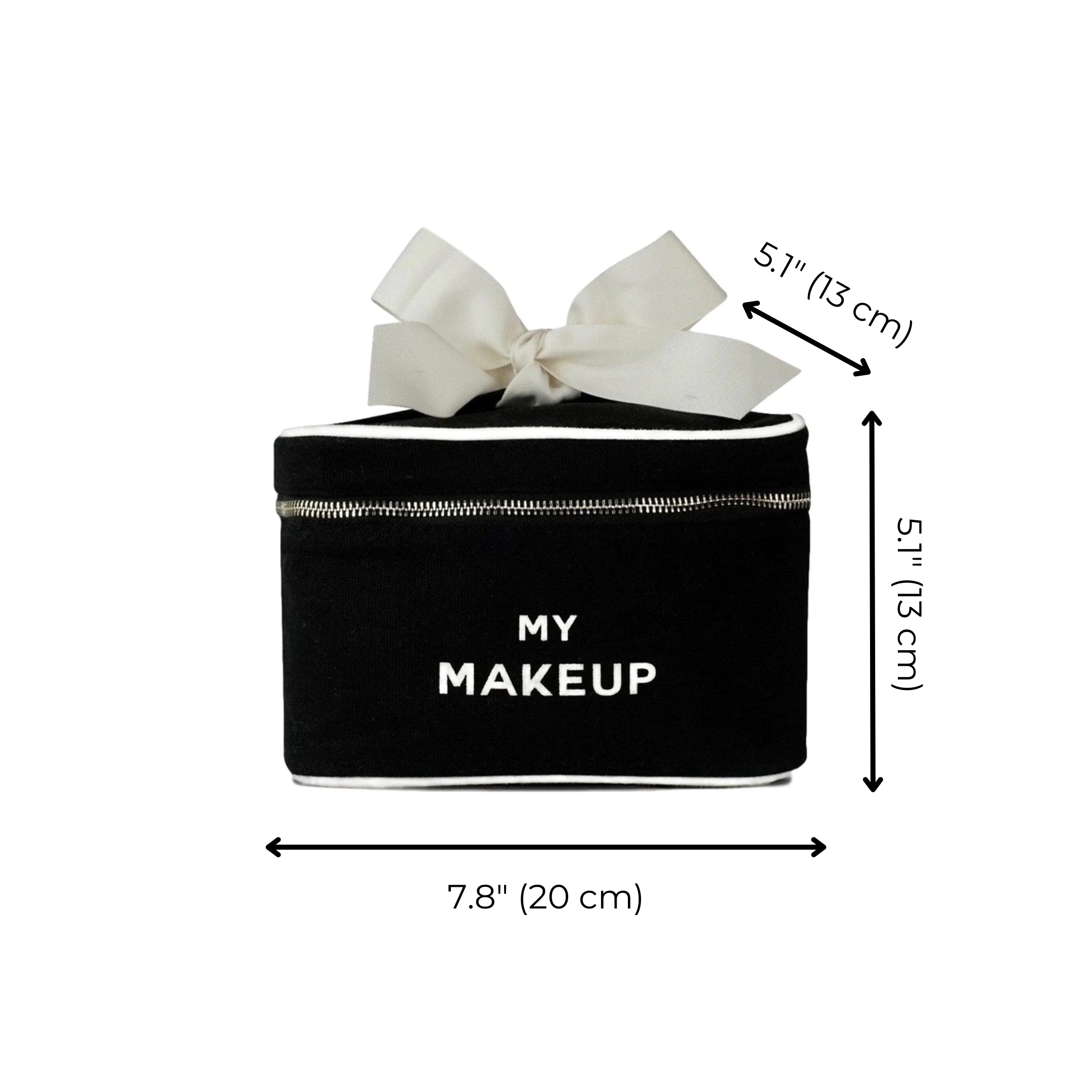 My Makeup Cosmetic Box in black with white “My Makeup” text, silver zipper closure, white piping, and a cream fabric bow on top. Image shows product dimensions: 7.8 inches (20 cm) wide and 5.1 inches (13 cm) high, displayed on a white background.