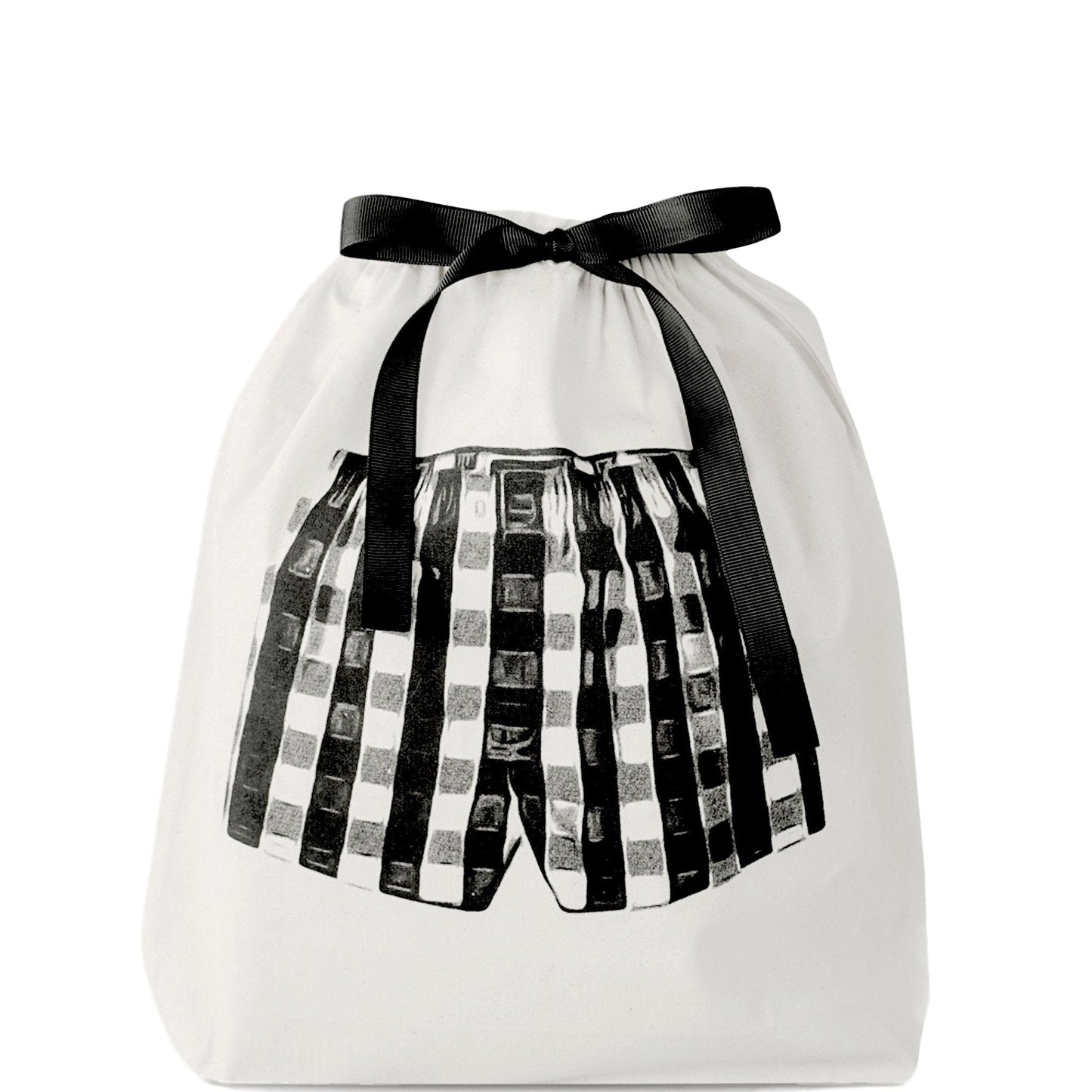 White velvet drawstring pouch with black ribbon and black and white checkered shorts print by Bag-all for stylish storage