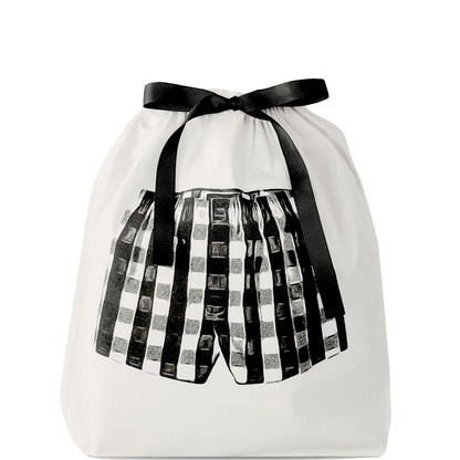 White velvet drawstring pouch with black ribbon and black and white checkered shorts print by Bag-all for stylish storage
