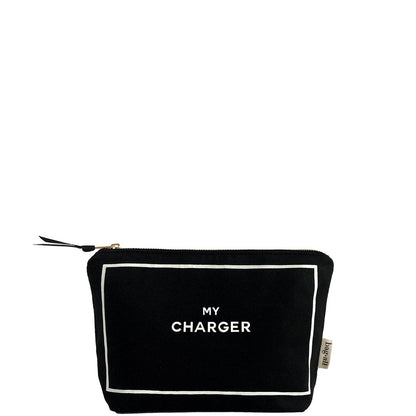 Black Bag-all pouch with white "MY CHARGER" text and zipper detail for organizing tech accessories and chargers
