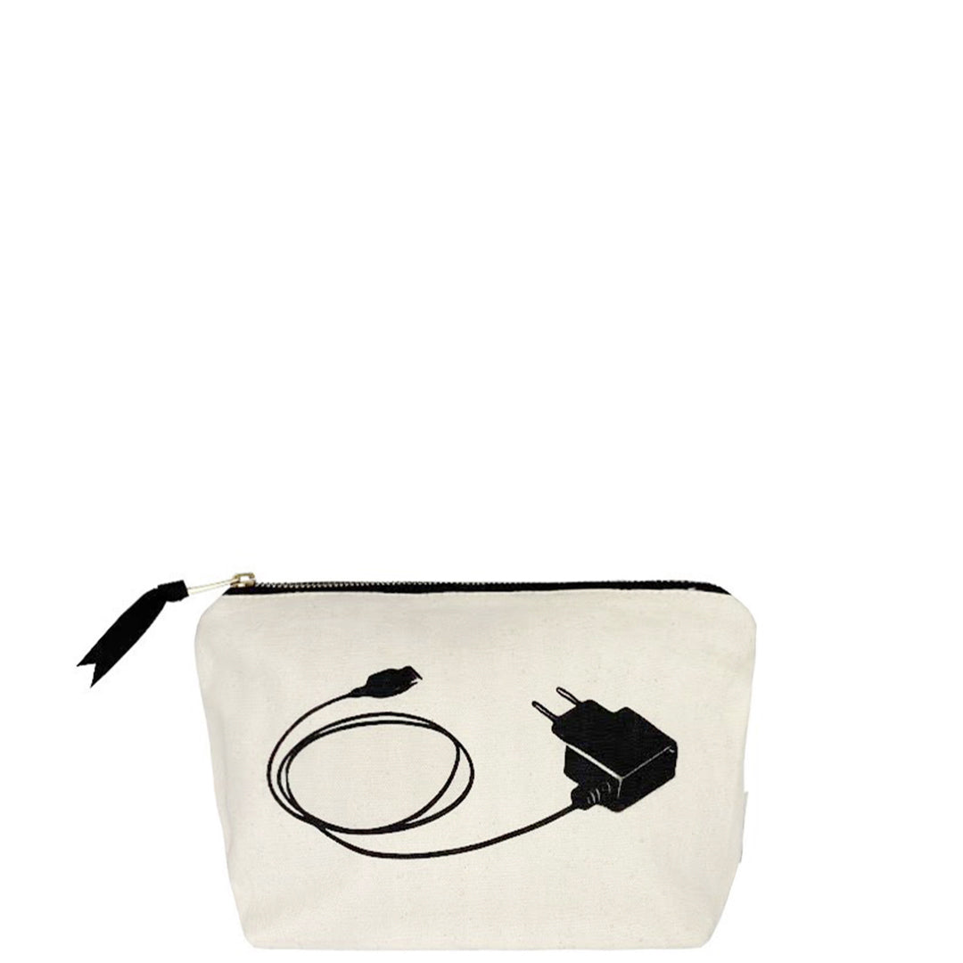 Bag-all cream travel organizer pouch with black zipper and tech charger print for everyday carry essentials