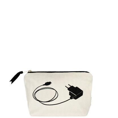Bag-all cream travel organizer pouch with black zipper and tech charger print for everyday carry essentials