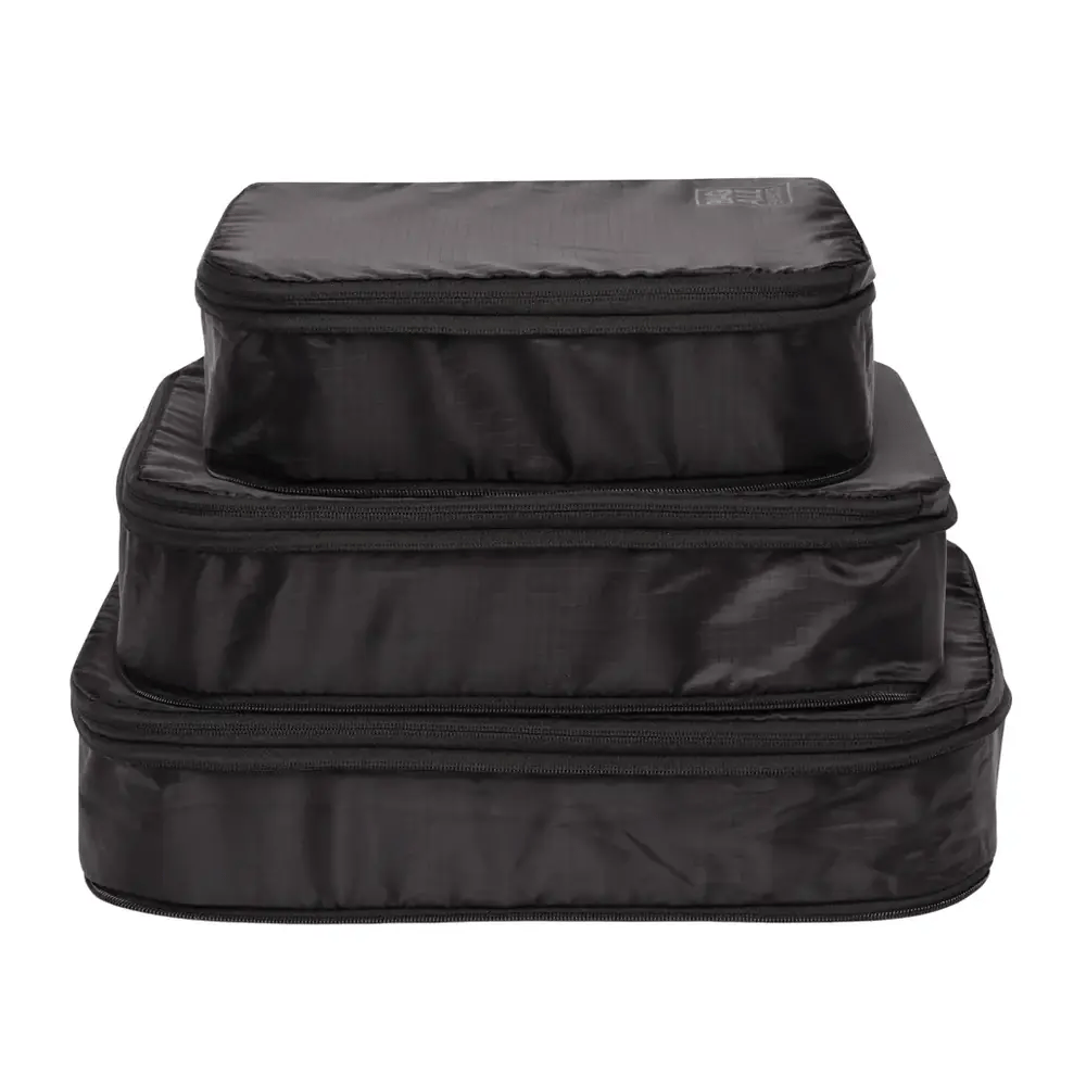 Bag-all recycled nylon compression packing cubes in black, set of 3, featuring eco-friendly construction and space-saving design for efficient travel organization