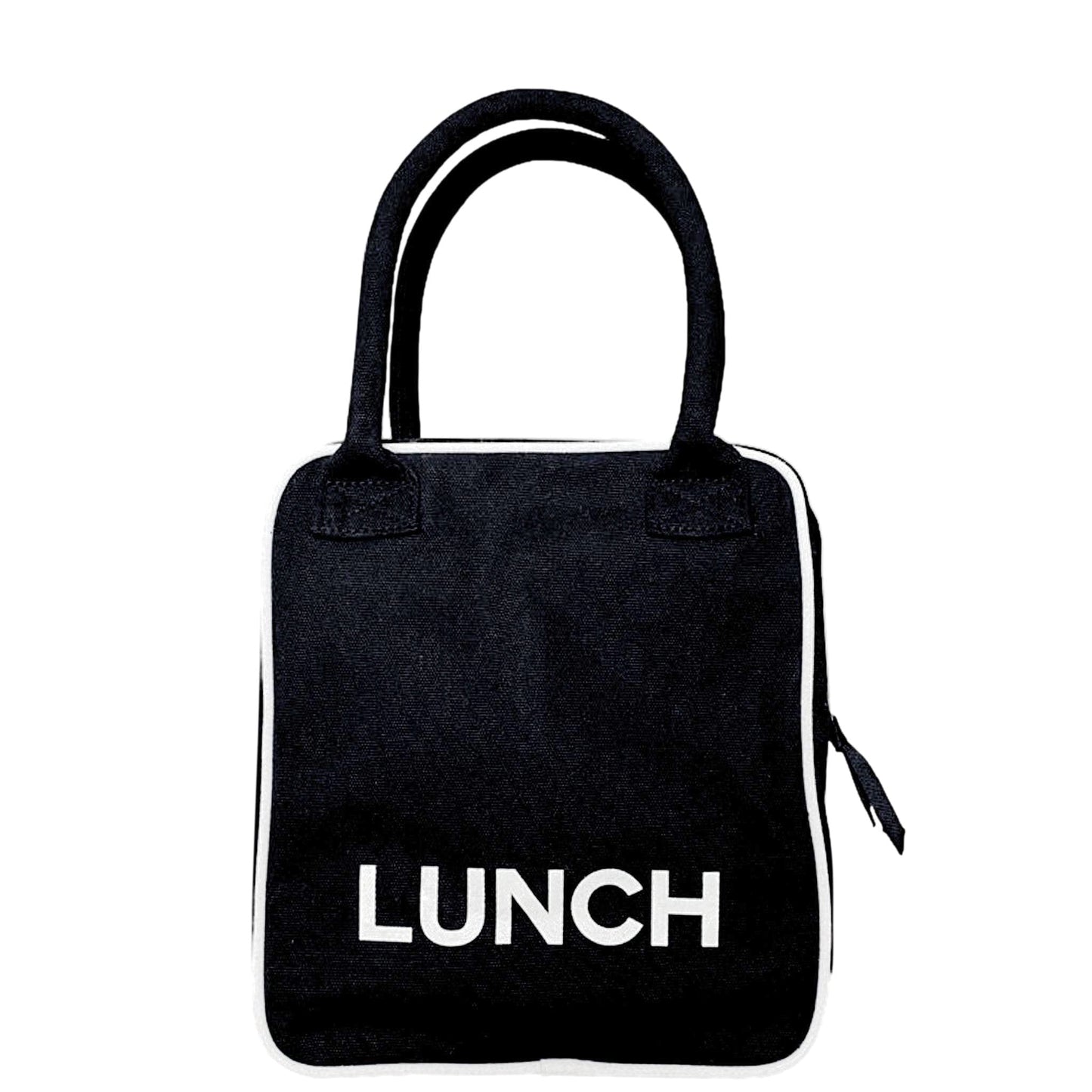 Bag-all Office Essentials black cotton lunch bag with white LUNCH text and contrast piping, part of 3-pack organizing set for stylish workday storage
