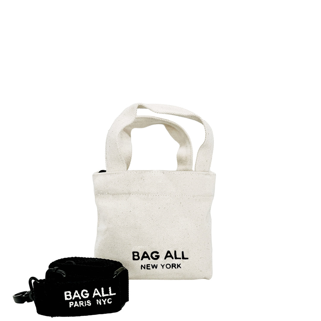 Bag-all cream cotton mini tote bag with adjustable strap, featuring internal pocket and classic design, perfect for everyday essentials and sustainable organization