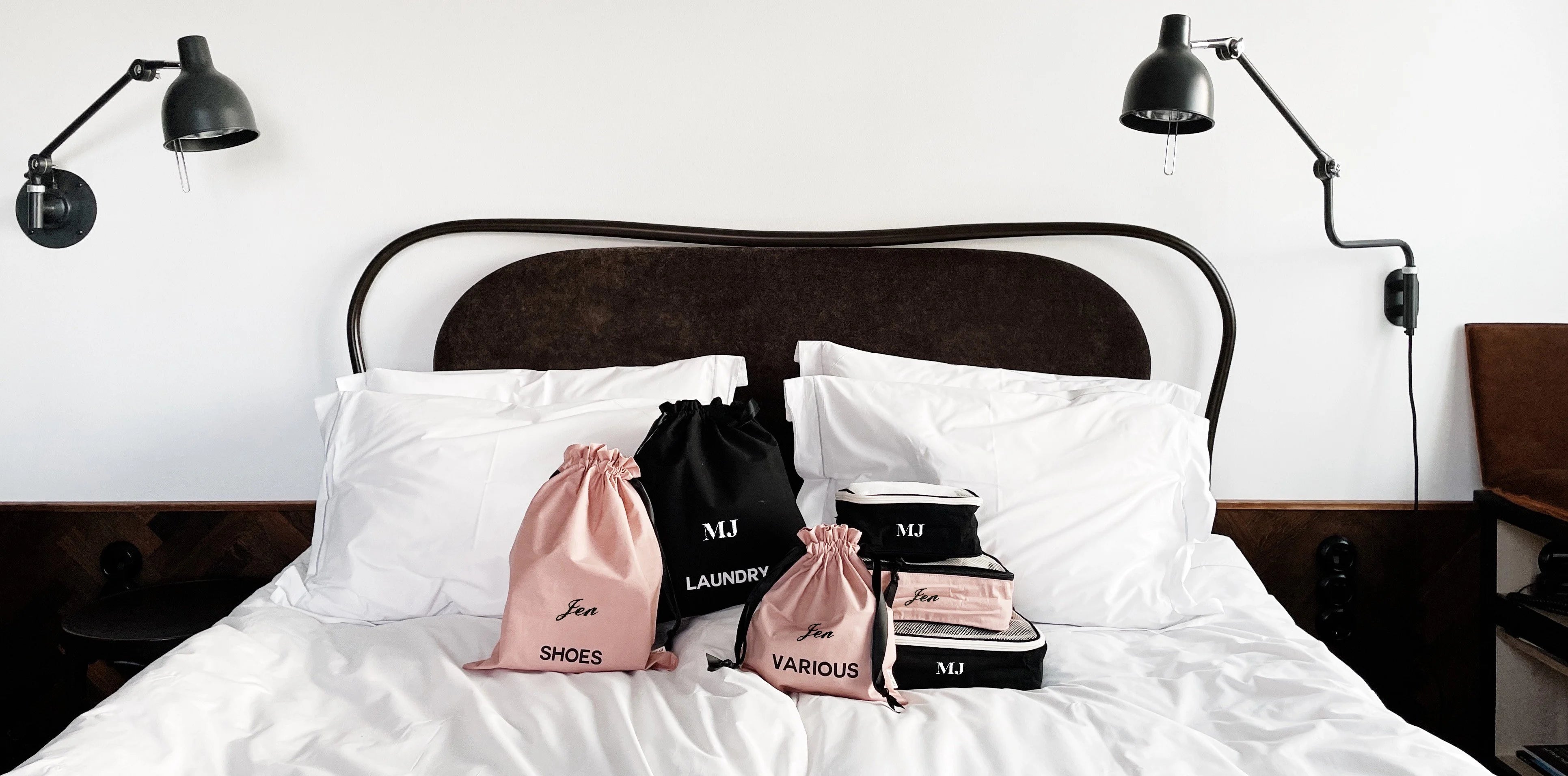 Travel Bag Set in Pink and Black with Monogram