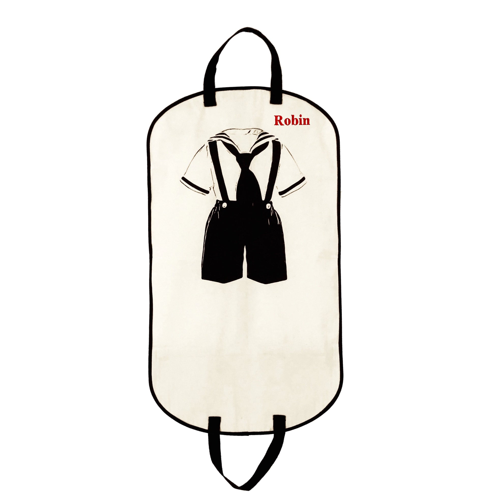 Bag-all Kids Garment Bag Boy in cream featuring black suit graphic, dual handles, storage pockets, and customizable name monogram for organized clothing storage
